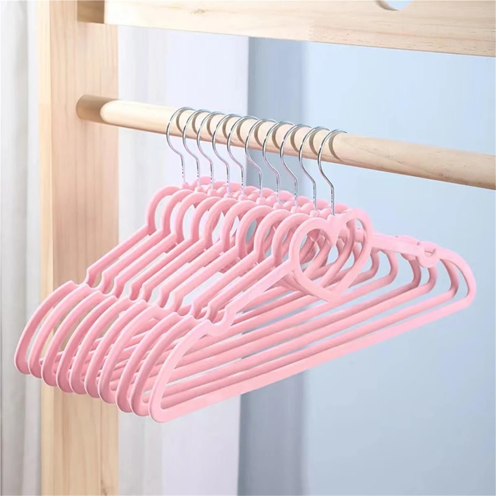 10 x rosa Anti-Rutsch-Kleiderbügel, beflockt, verdickte Kleiderschrankaufbewahrung, spurloses Design für Kleidung, rutschfeste Samt-Kleiderbügel für Zuhause