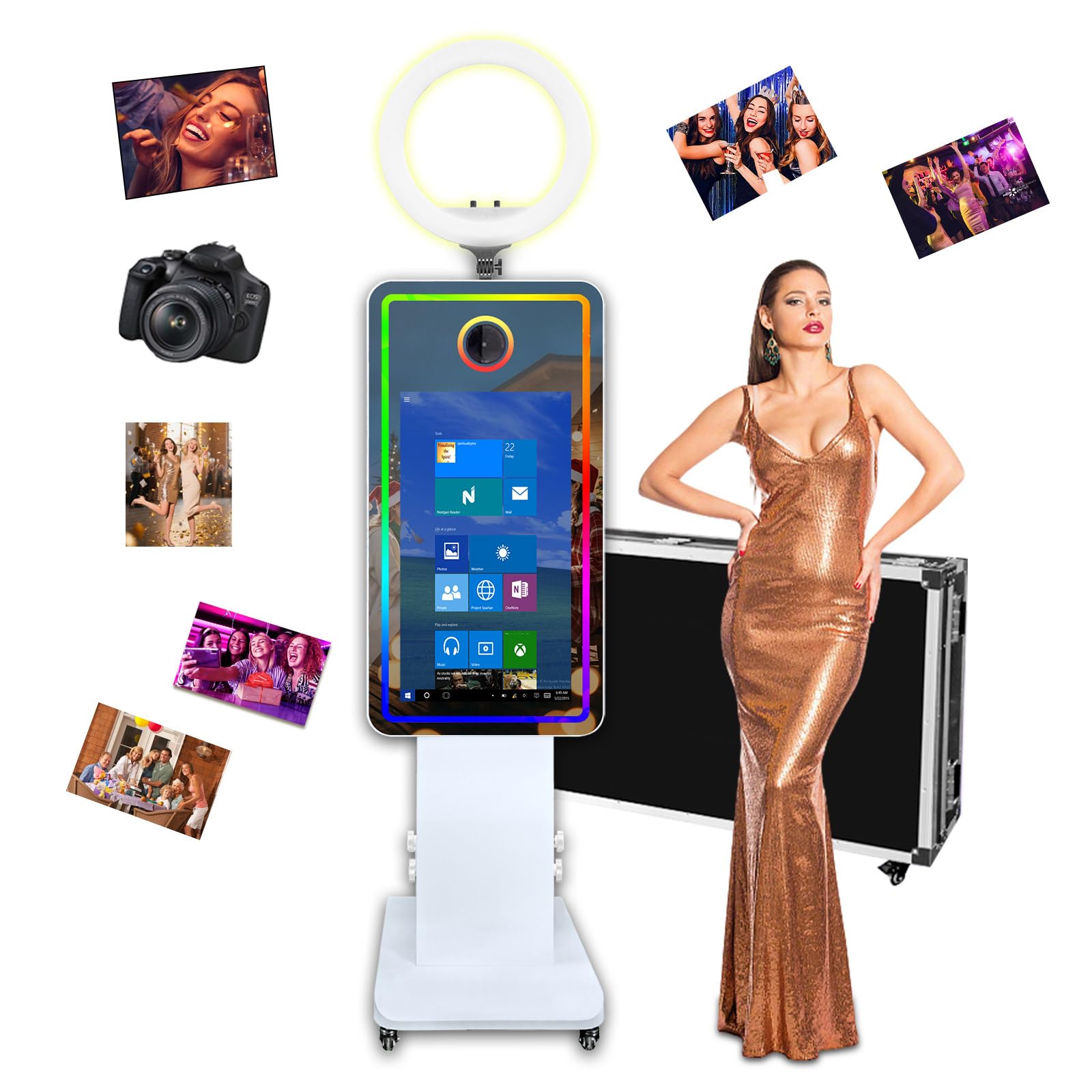 Magic Mirror Photo Booth 81.3 cm, ekran dotykowy, lustrzana budka fotograficzna, maszyna do fotobudki, lampa pierścieniowa, ramka RGB, do wynajęcia wydarzeń, wesela (maszyna + aparat)