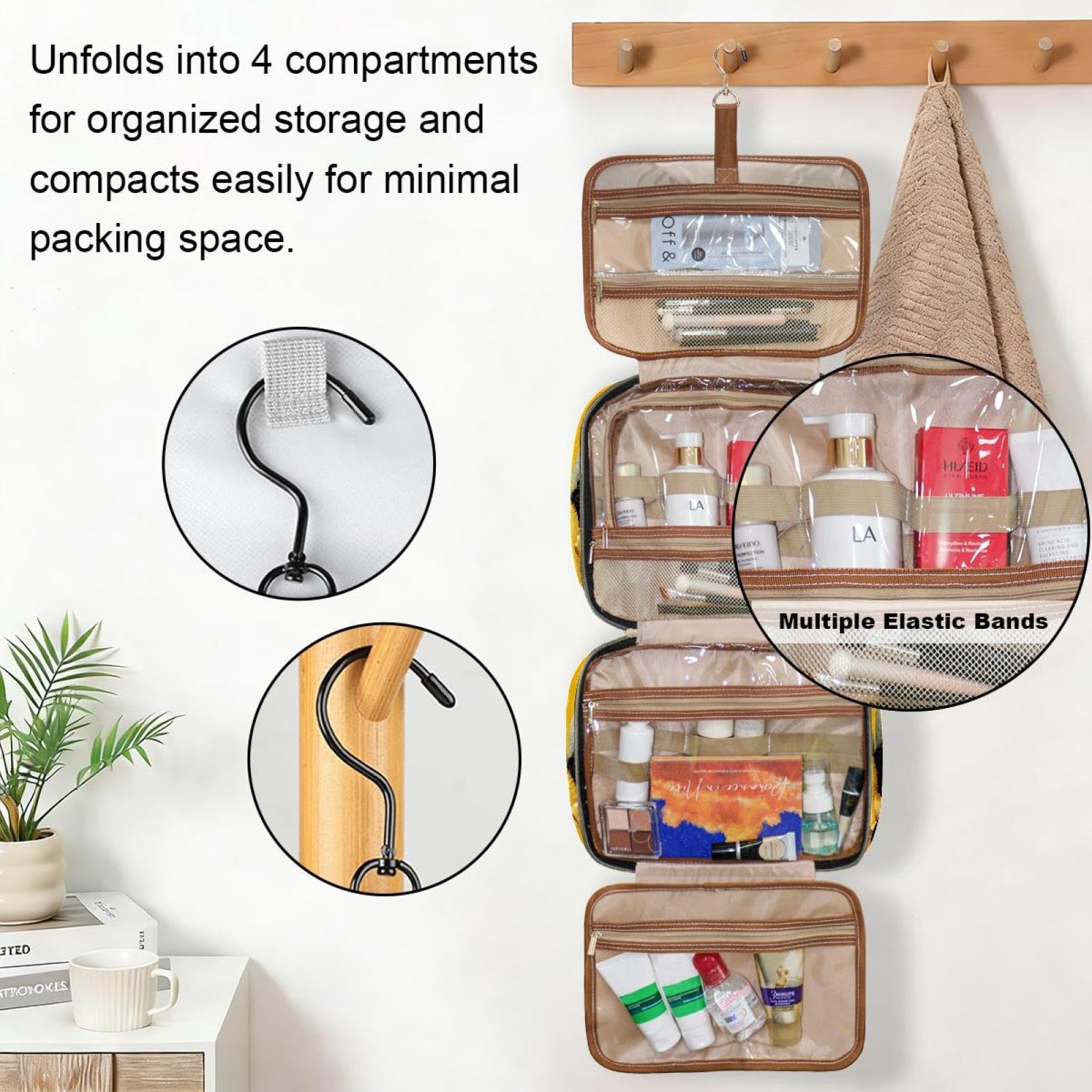 Kulturbeutel zum Aufhängen für Damen, Bienengelb, Reise-Make-up-Tasche, Organizer, Kosmetiktasche, Make-up, Kulturbeutel für Reiseutensilien, Zubehör, Mehrfarbig 10, M, Kulturbeutel