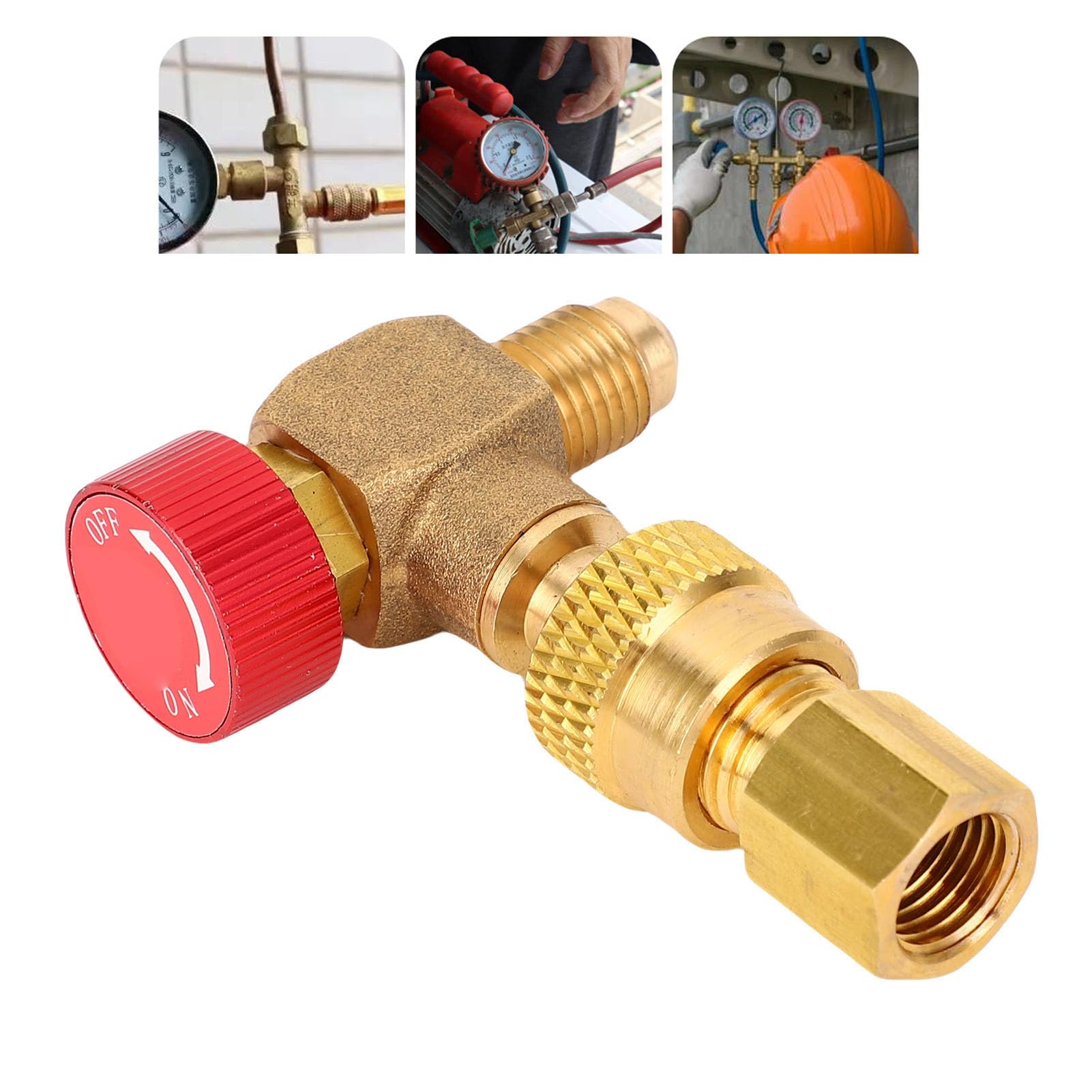 Valvola di Ricarica per Refrigerante R22 R410 R32, Valvola HVAC a 90 Gradi in Ottone, Pressione 55 Kg, Compatto 50mm con Connettore e Cappuccio Universale