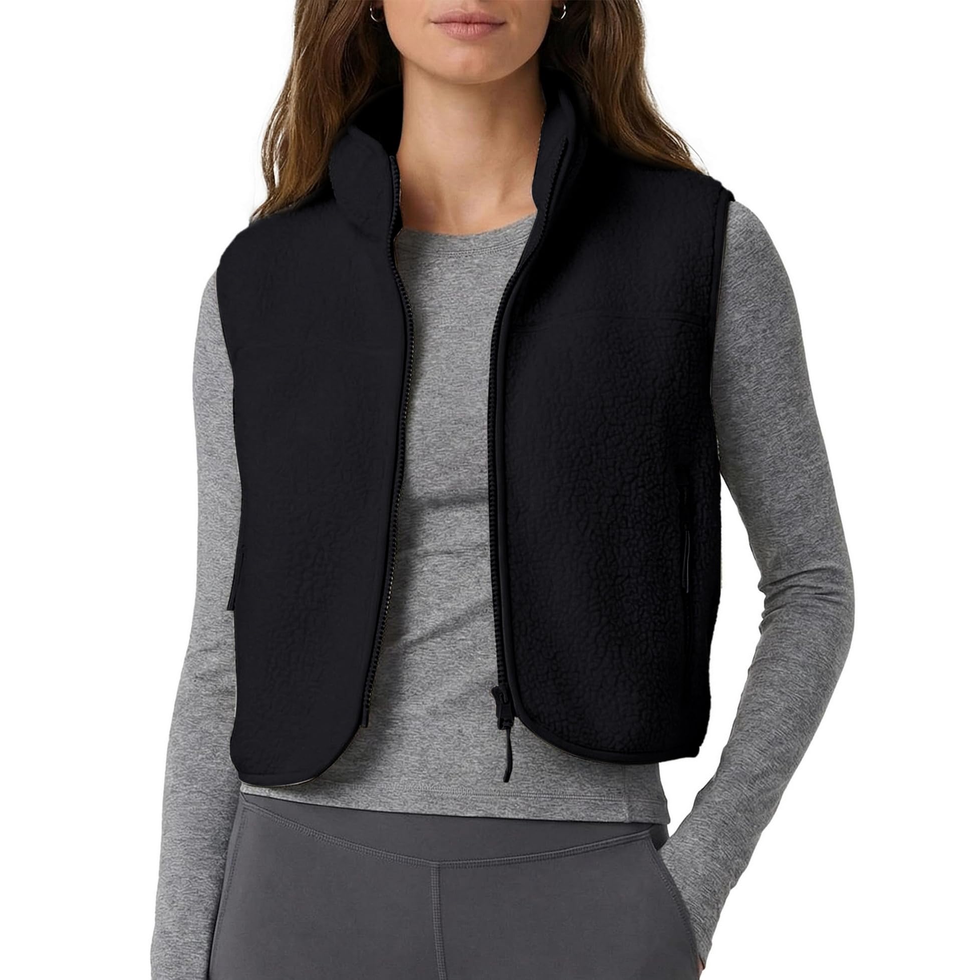 Cozy Fleece Vest Women Sleeveless Full Zip Cropped Sherpa Jackets Mock Neckline Oversized Outwear with Pockets