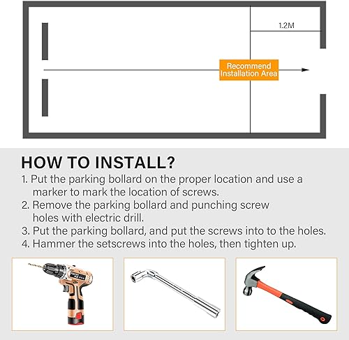 Miniatura 8 de Poste de estacionamiento de resorte, barrera de estacionamiento, bloqueo de estacionamiento plegable de metal pesado con rayas de advertencia, pilas