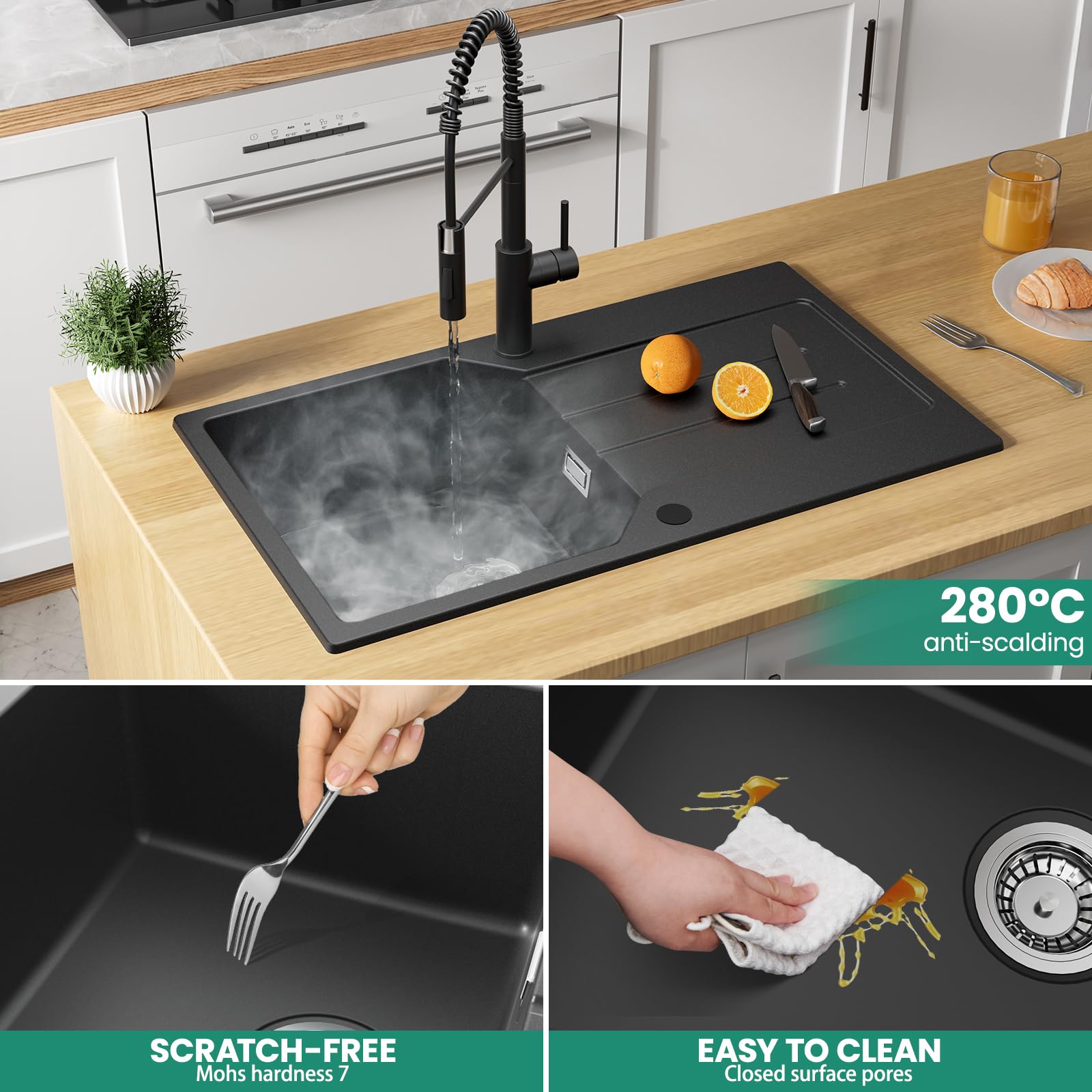 ANYCEE Fregadero Negro 78x45 cm con Escurridor, Fregadero Granito Para Mueble Bajo 45 cm