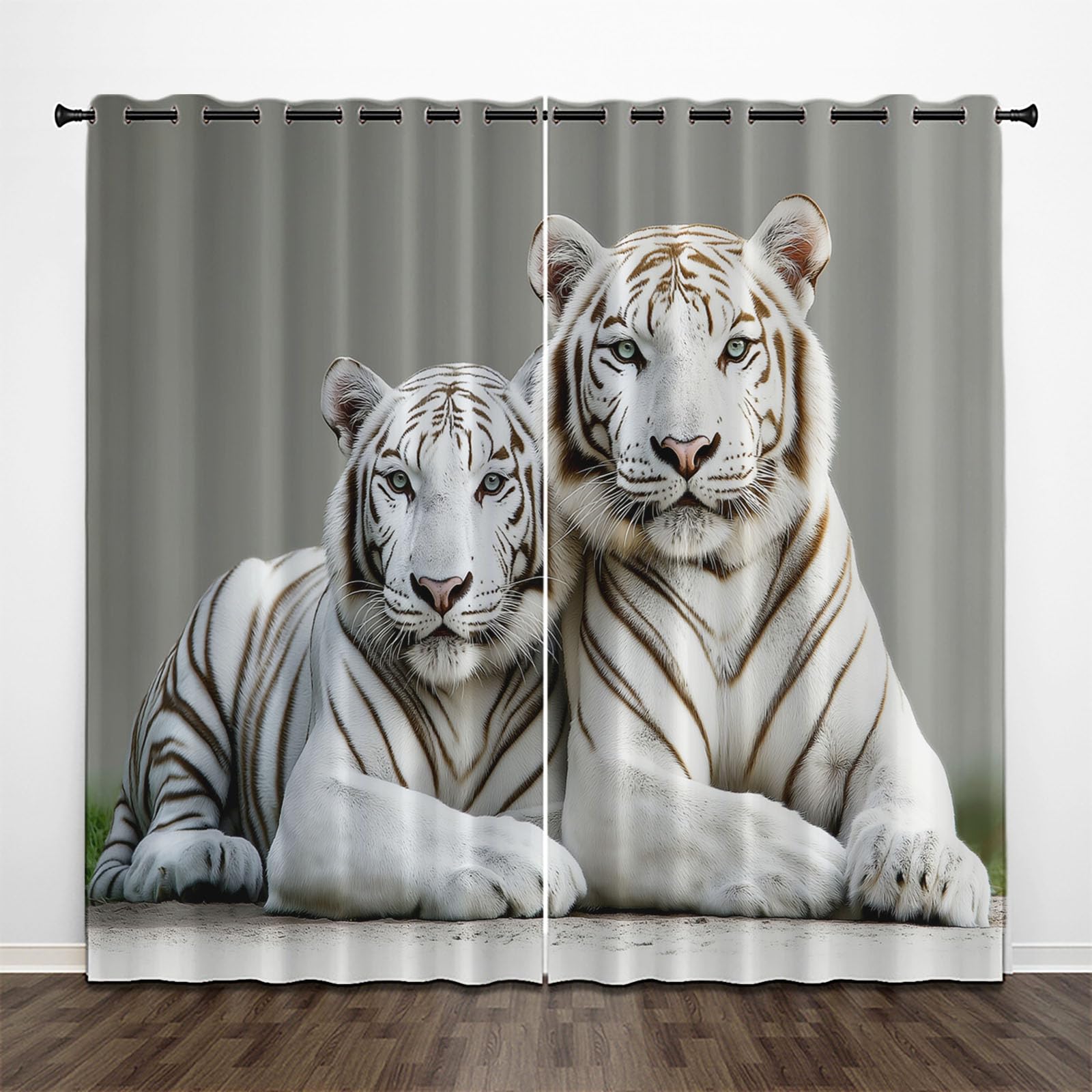 CEDNXOER Grey Blackout Curtains for Bedroom 46x54 Inch (2 Panels) Animal Eyelet Curtains for Living Room, White Tiger Thermal Insulated Window Curtain Drapes for Dining Room Home