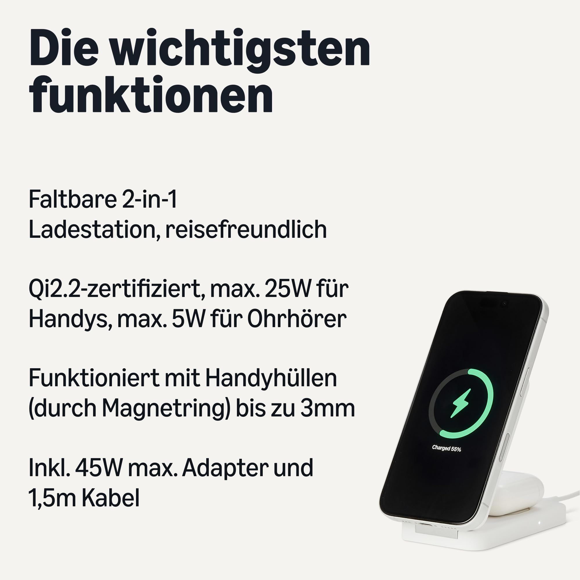 Amazon Basics MagSafe-Kompatible 2-in-1-Schnellladestation, max. 25W, Qi2.2-Zertifiziert, Klappständer für iPhone 17/16/15/14/13/12 und AirPods, mit USB-C-PD-Adapter 45W, Weiß