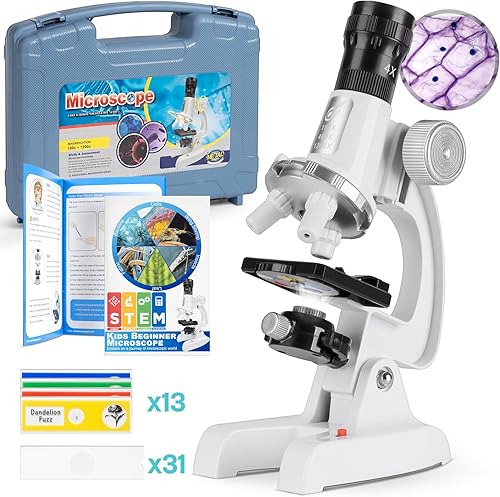 Kit de ciencia de microscopio para principiantes para niños con microscopio 100X-1200X 2024, 13 diapositivas preparadas y diapositivas en blanco de