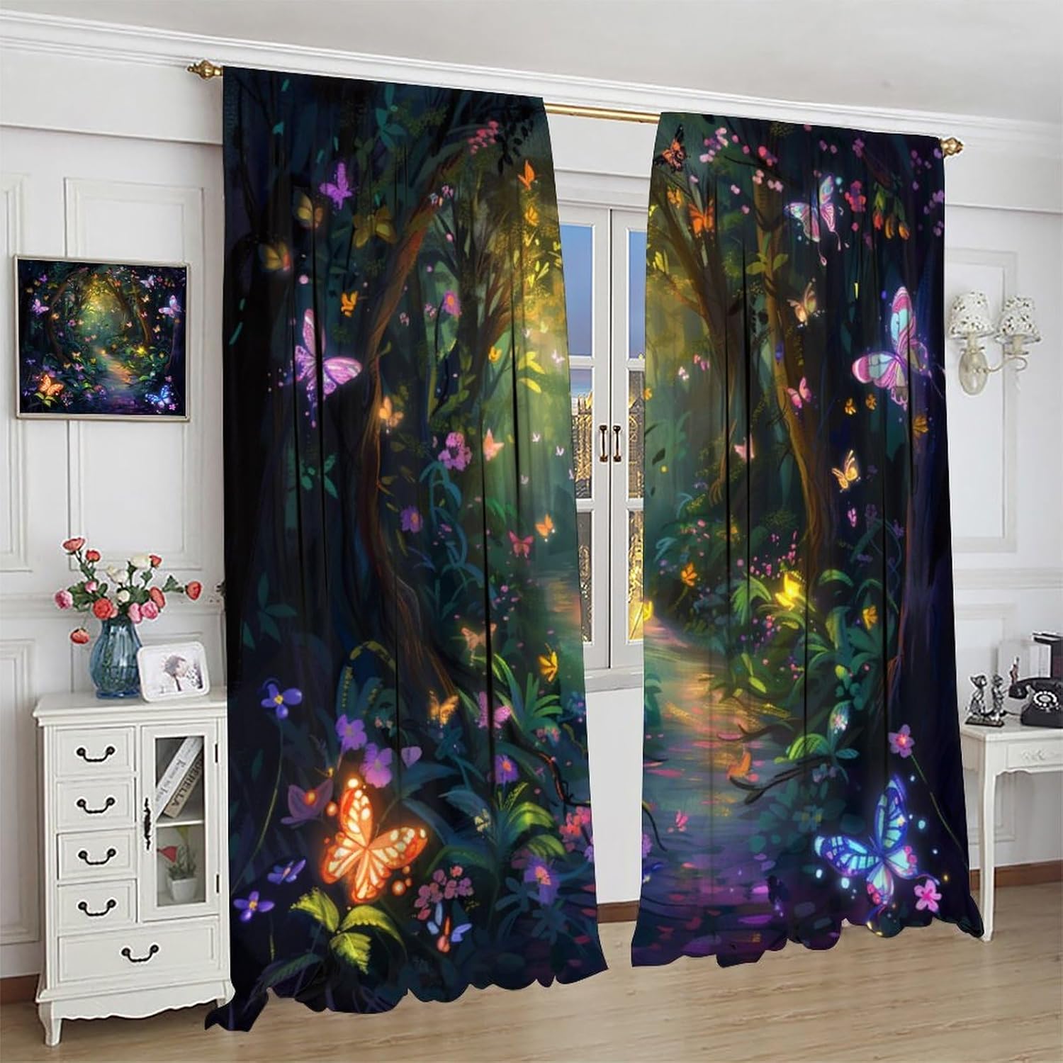 Forest Butterfly Garden Blackout Curtains for Bedroom Living Room, Floral Leaves Plant Nature Thermal Insulated Curtains Rod Pocket Window Drapes, 2 Panels/Each 21" W x 63" L