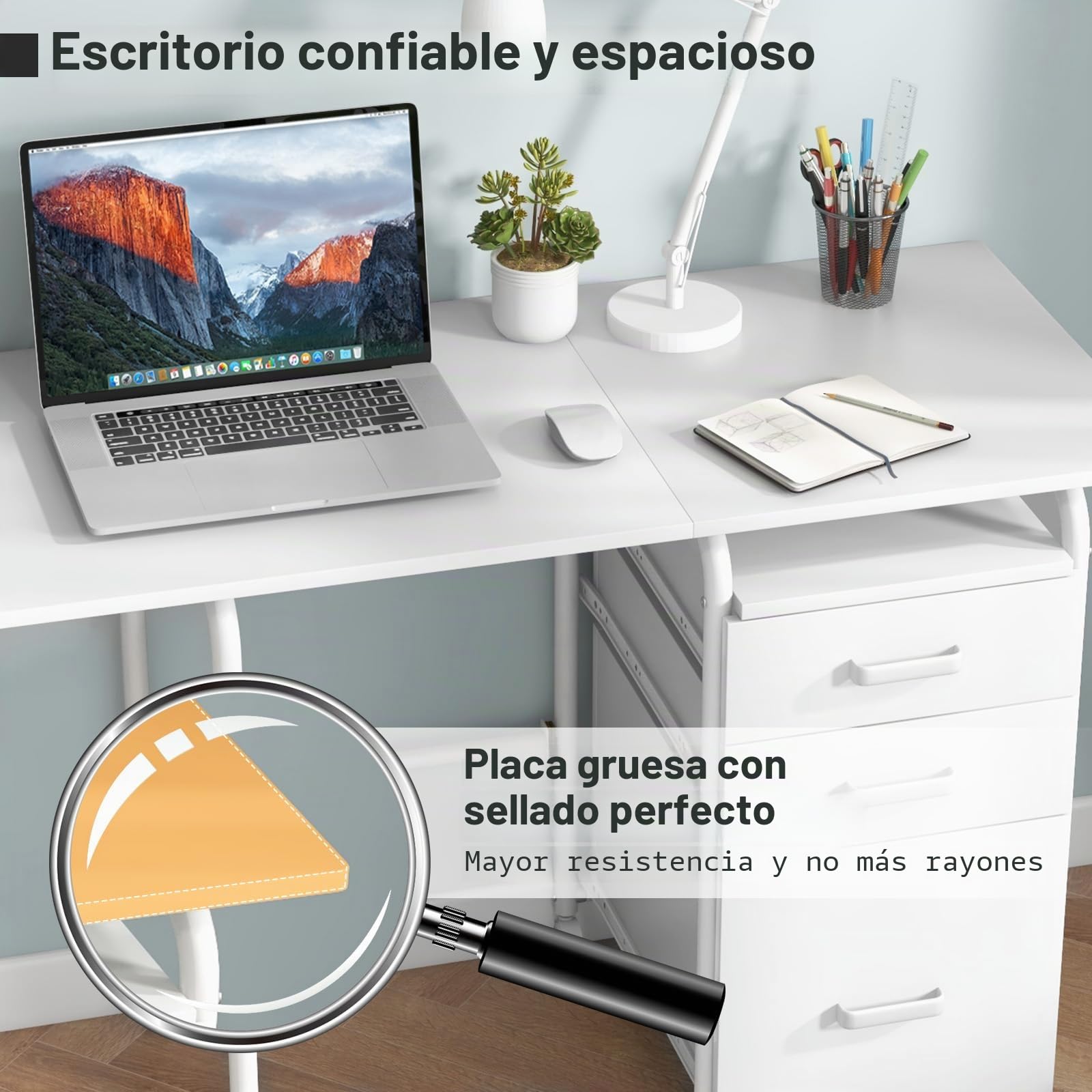 GIANTEX Escritorio de Ordenador Plegable con 3 Cajones de Almacenamiento, Mesa de Marco Metálico con Ruedas con Cerradura 360°, Mesa Auxiliar para Salón, Dormitorio (Blanco)
