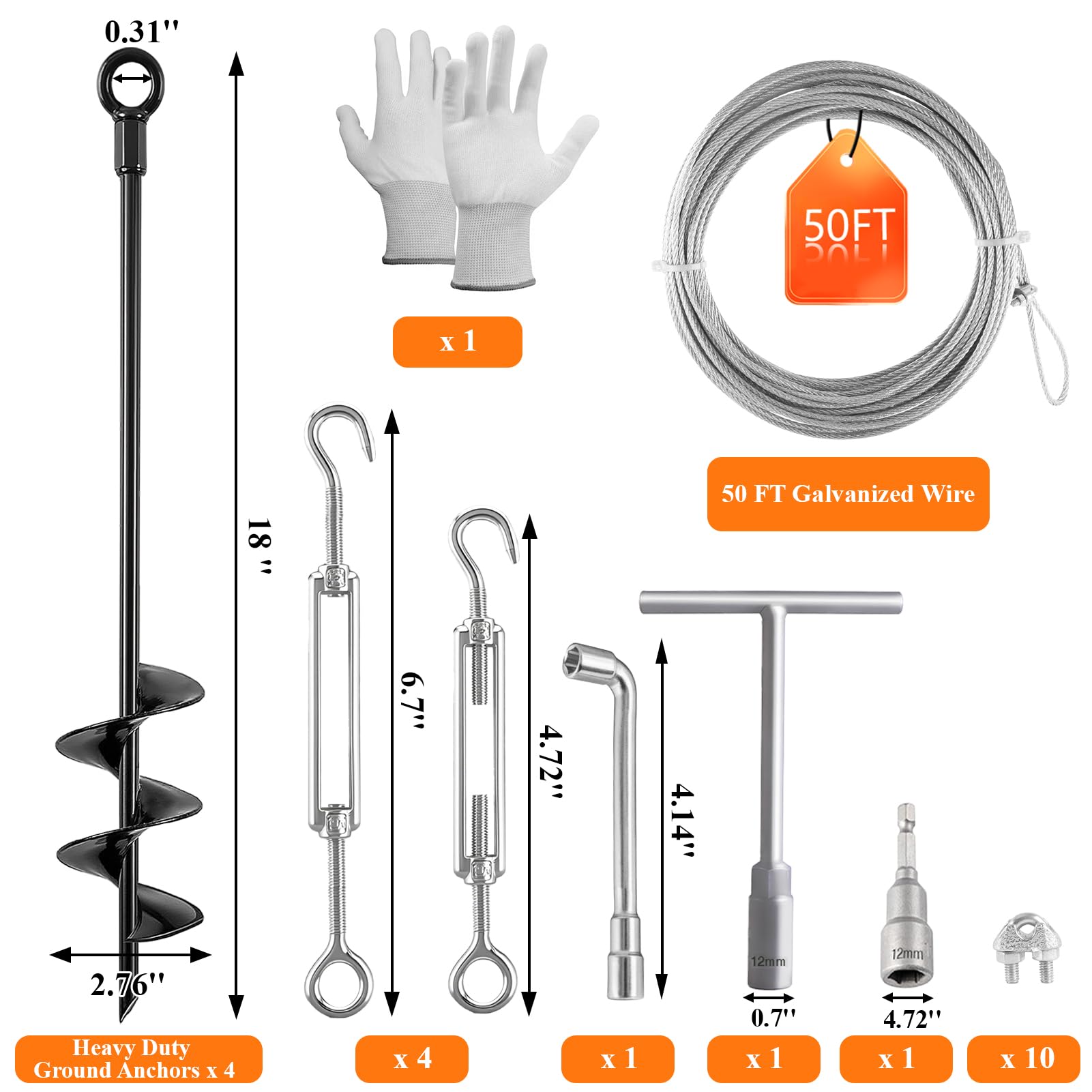 Fabulas Juego de 4 anclajes de suelo de 18 pulgadas con cable galvanizado de 50 pies y 4 tensores, tornillo de anclaje de tierra resistente en espiral, estacas de tierra para cobertizo, trampolín