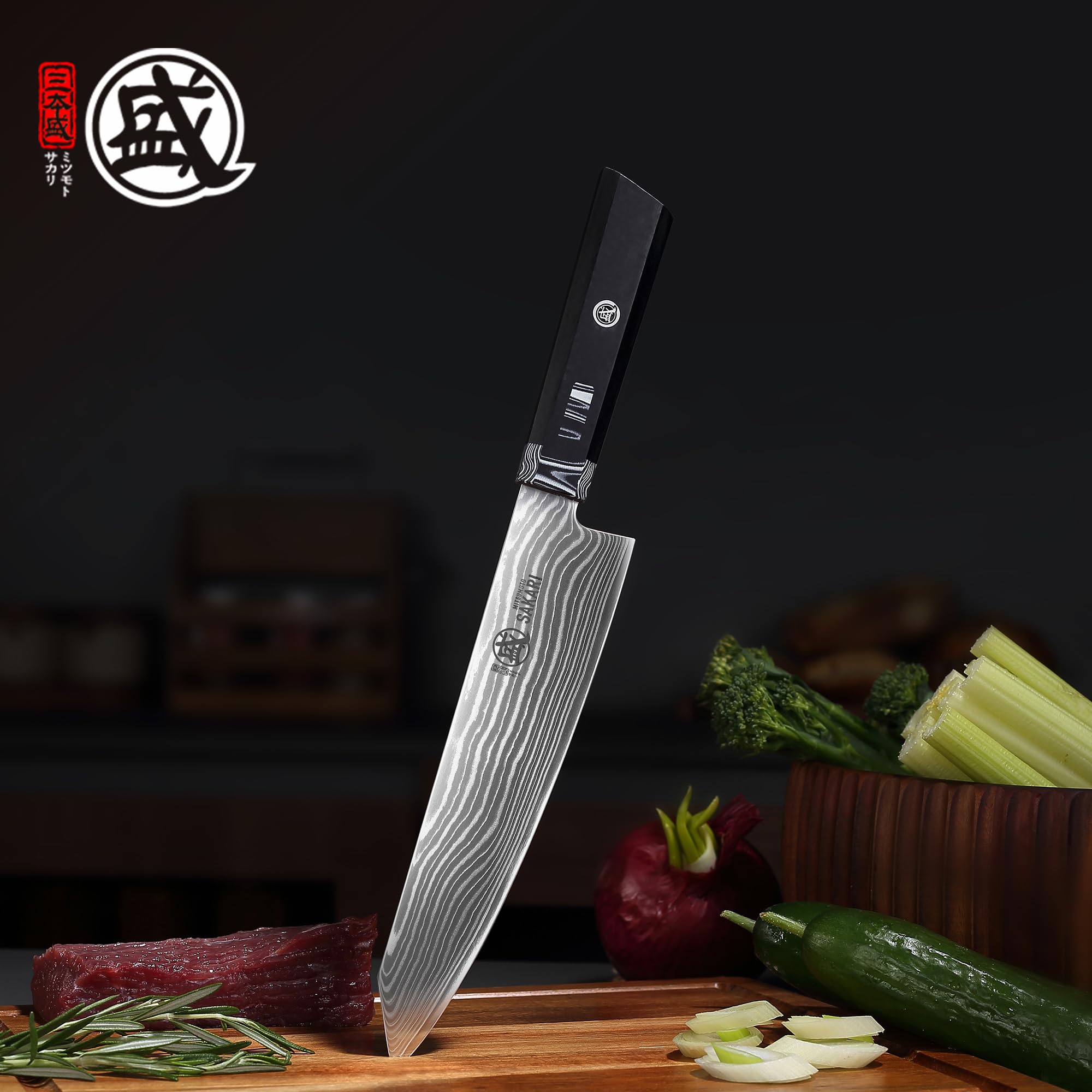 MITSUMOTO SAKAR Cuchillo Kiritsuke, Cuchillos Cocina Damasco Japonese | 20 cm Cuchillo Kiritsuke Acero SG-Pro, 73 Capas Damasco, Mango G10 Ergonómico, Cuchillo Chef Profesional Japonés Ultraafilado