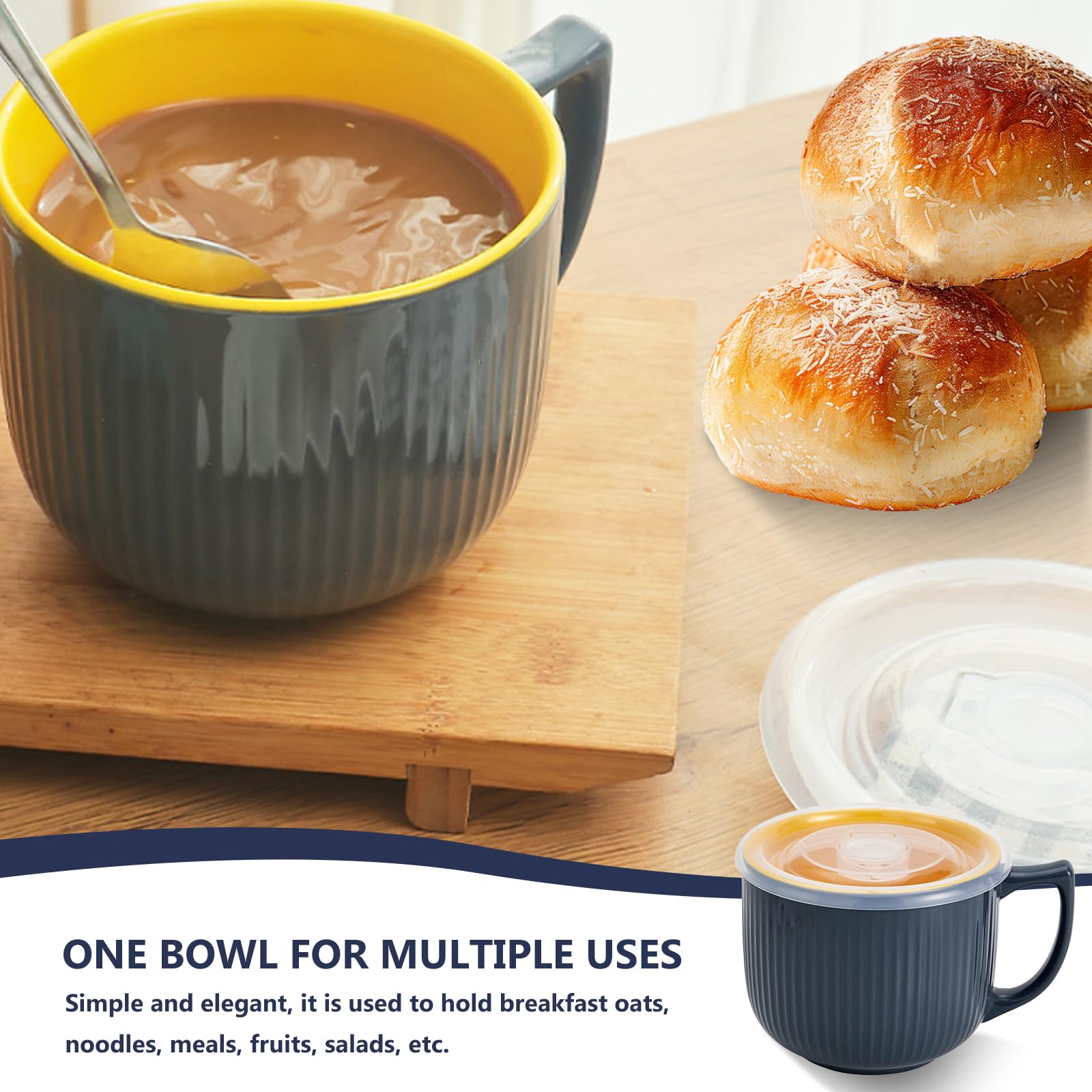 Cuenco de cerámica con asa, 900 ml, tazas de sopa para microondas con tapa, cuenco de ramen, taza de café grande para almuerzo, pasta, fruta, cereales (gris)