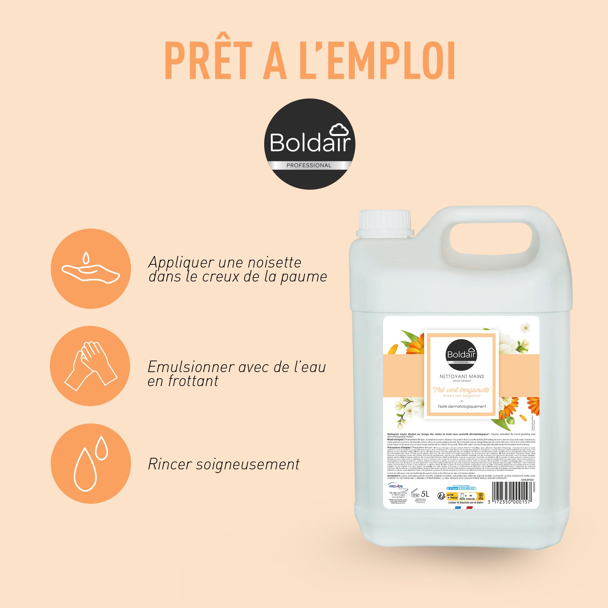 BOLDAIR Bidon de 5 litres de savon crème lavante Mains Thé Vert Bergamote 5L