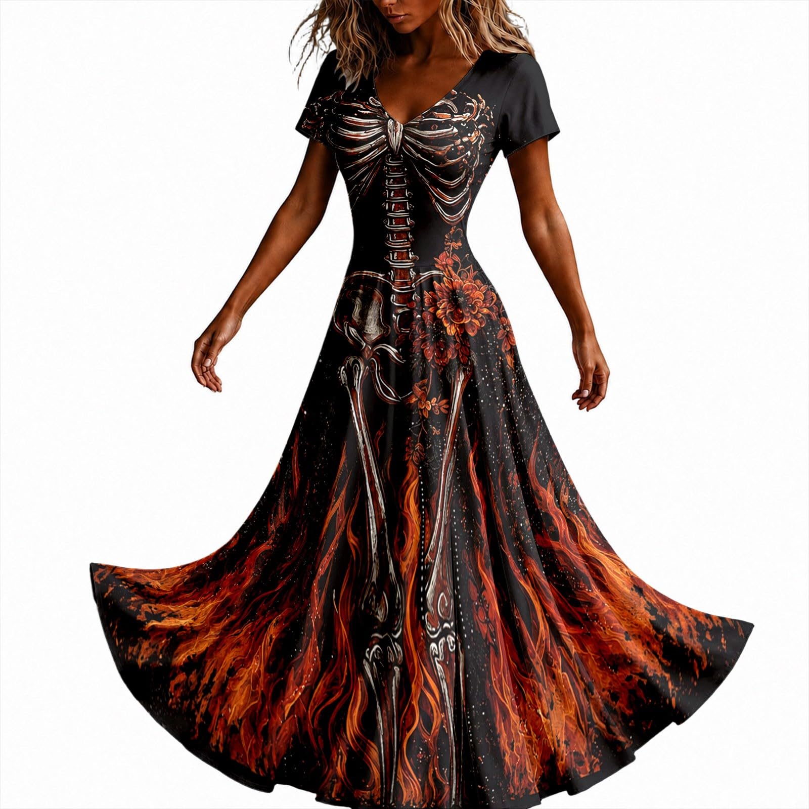 Halloween Dresses for Women UK Ladies Gothic Dress Skeleton Print Costume Short Sleeve V Neck Plus Size Costumes Scary Funny Skeleton Printed Halloween Elegan Flowy Maxi Dress Cosplay Party