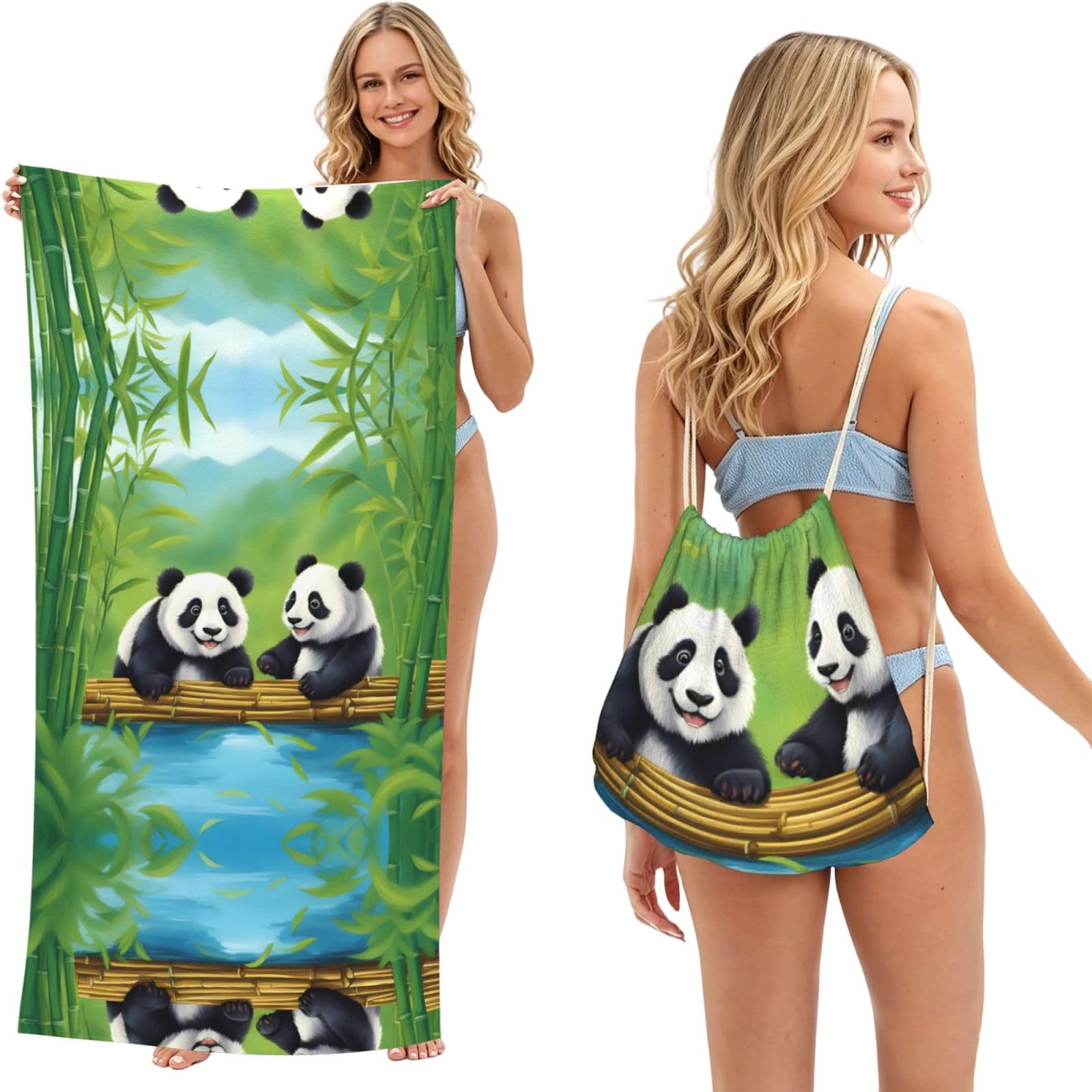 SXZVVBN two cute pandas 2-in-1 Beach Towel Bag, Quick Dry Sand Free Travel Towel Backpack for Adults