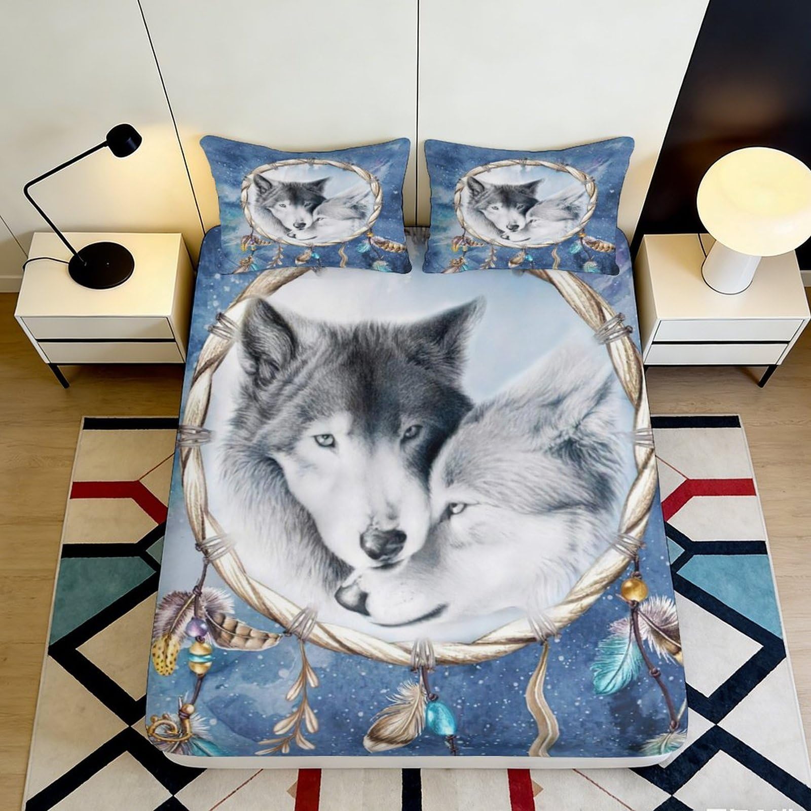 3D Printed Wolf Dreamcatcher Fitted Sheet Microfiber Soft Breathable Wolf Couple Bed Cover for Bedroom Dormitory Guest Room Mattress Protection Decor 180x200x25cm