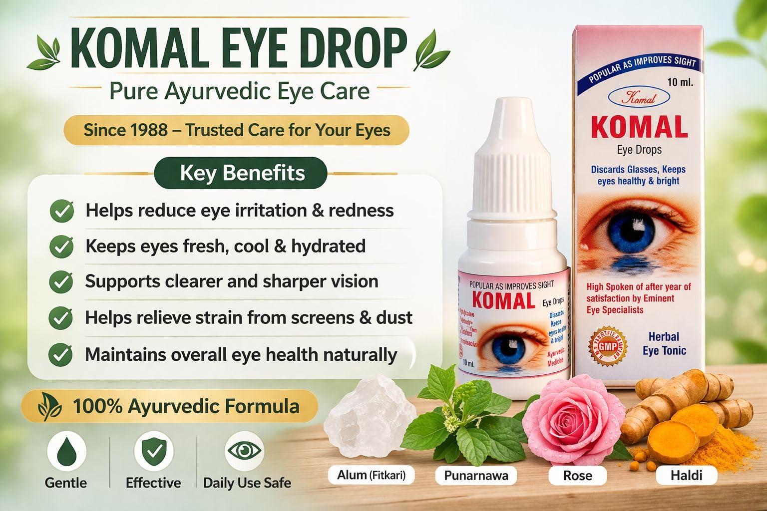 KOMAL AYURVEDIC EYE DROP (Pack of 4 bottles10ml each) Relives Dryness,Redness & Itching,with the help of Triiphla,Rose Water,Punarnava,Turmeric and Alum — Amazon image 2