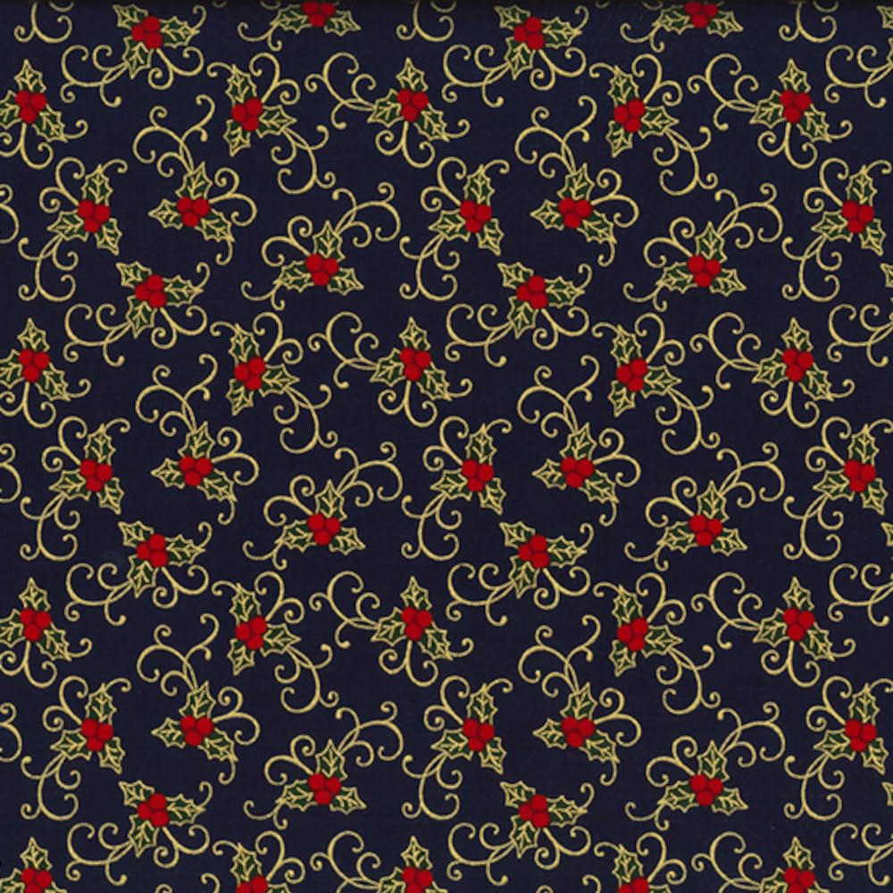 Oh Sew Crafty Limited Navy 100% Cotton Fabric Rose & Hubble Christmas Holly Berries Vines Xmas 135Cm Wide (Price Per Metre) (Navy)