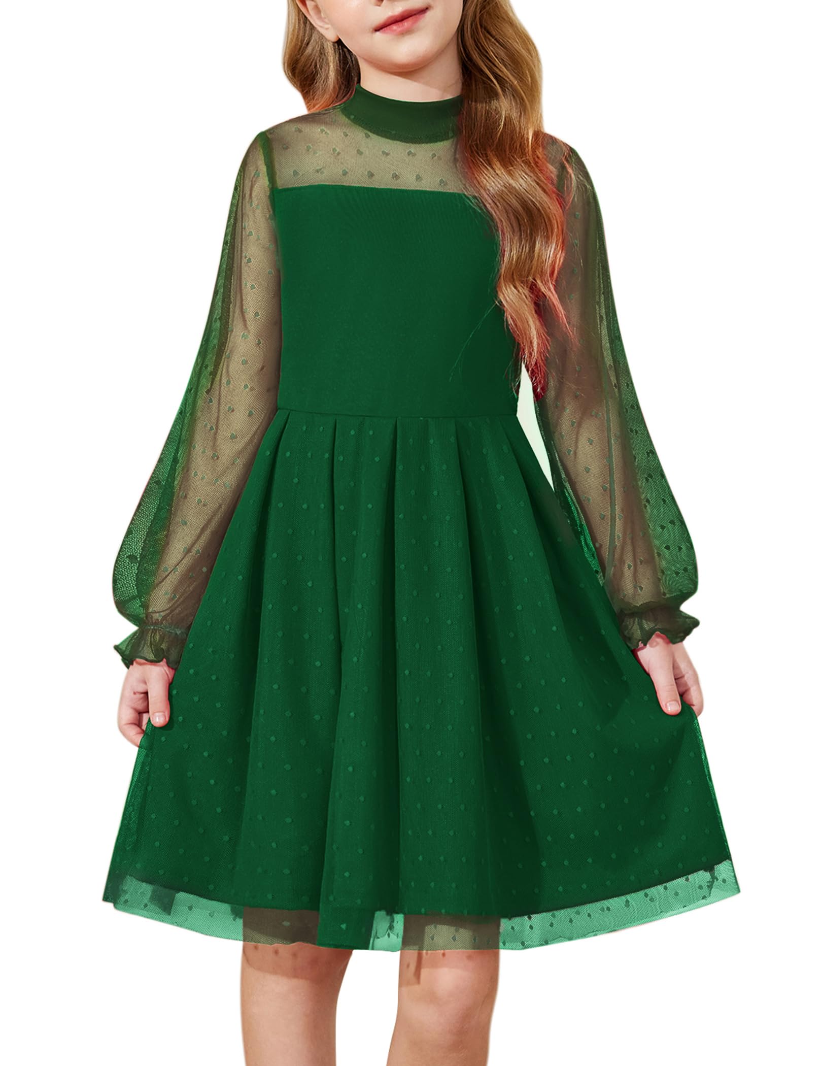 Arshiner Girls Dresses Contrast Mesh Puff Long Sleeve Mock Neck Formal Party A Line Short Tulle Dress