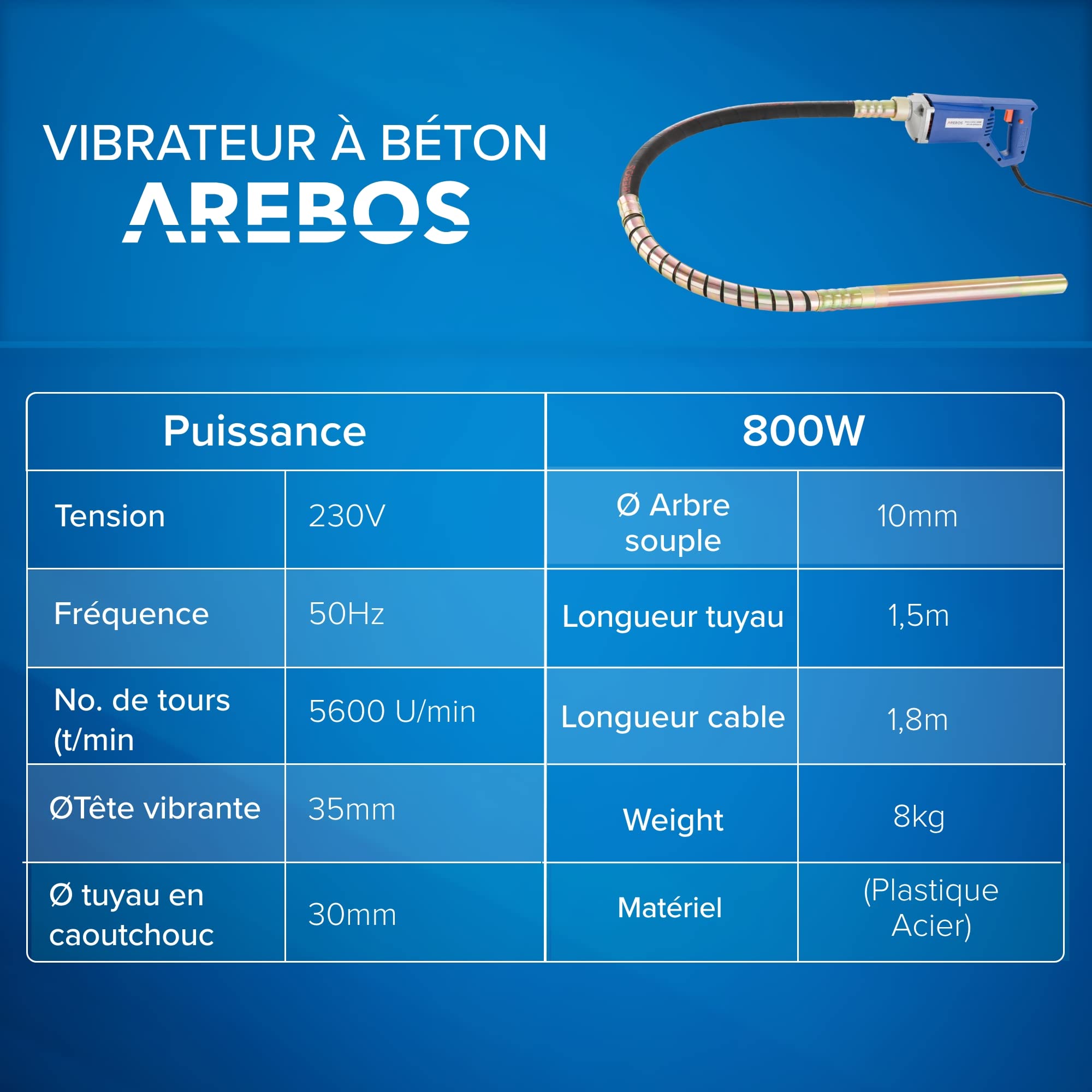 Arebos Vibrateur pour béton 800W Manuel Arbre flexible Câble 1,5 m