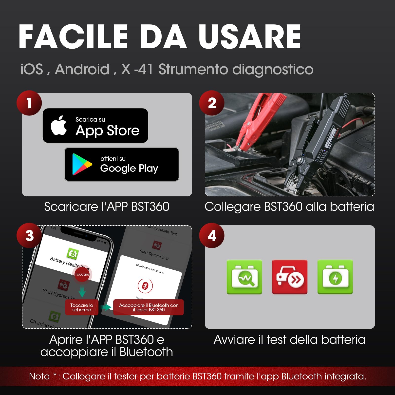 LAUNCH BST360 - Tester batteria auto 12 V, 100-2000 CCA Bluetooth strumento analizzatore della batteria Auto, test di salute di ricarica per auto camion moto ATV SUV barca Yacht