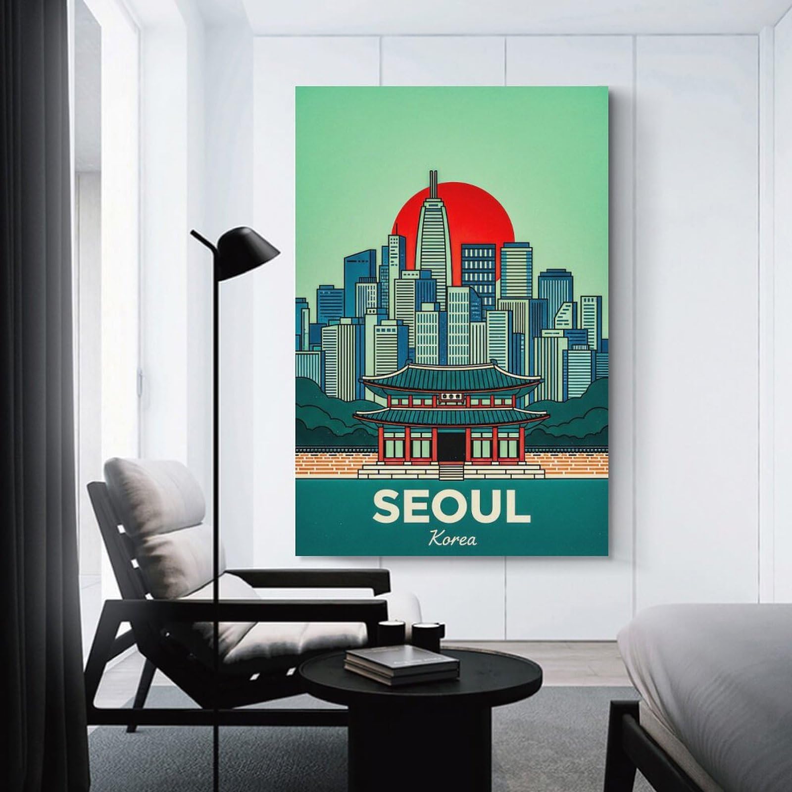 Junmoney Seoul Korea Skyline with Traditional Building Home Decor Wall Art, 16x24inch(40x60cm), for Bedroom, Lounge Or Dressing Area, Canvas Wall Decor for Personal Spaces