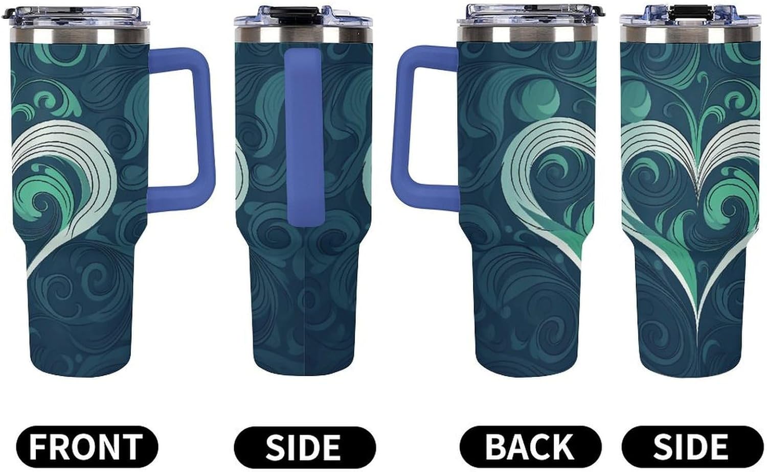 Large Car Cup with Handle&Lid Fashion Blue Heart Shape Tumbler Sturdy Insulated Water Bottle Stainless Steel Vacuum Travel Mug Portable Coffee Cup for Home Outdoor 40 Oz Deep Blue-style
