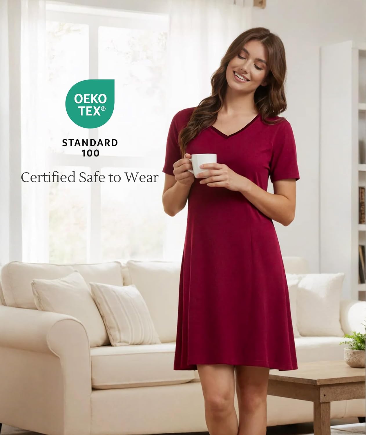GYS Womens Bamboo Viscose Nightgown, Silky Soft Lightweight Short Sleeve Sleep Dress with Satin V-Neck for Hot Sleepers