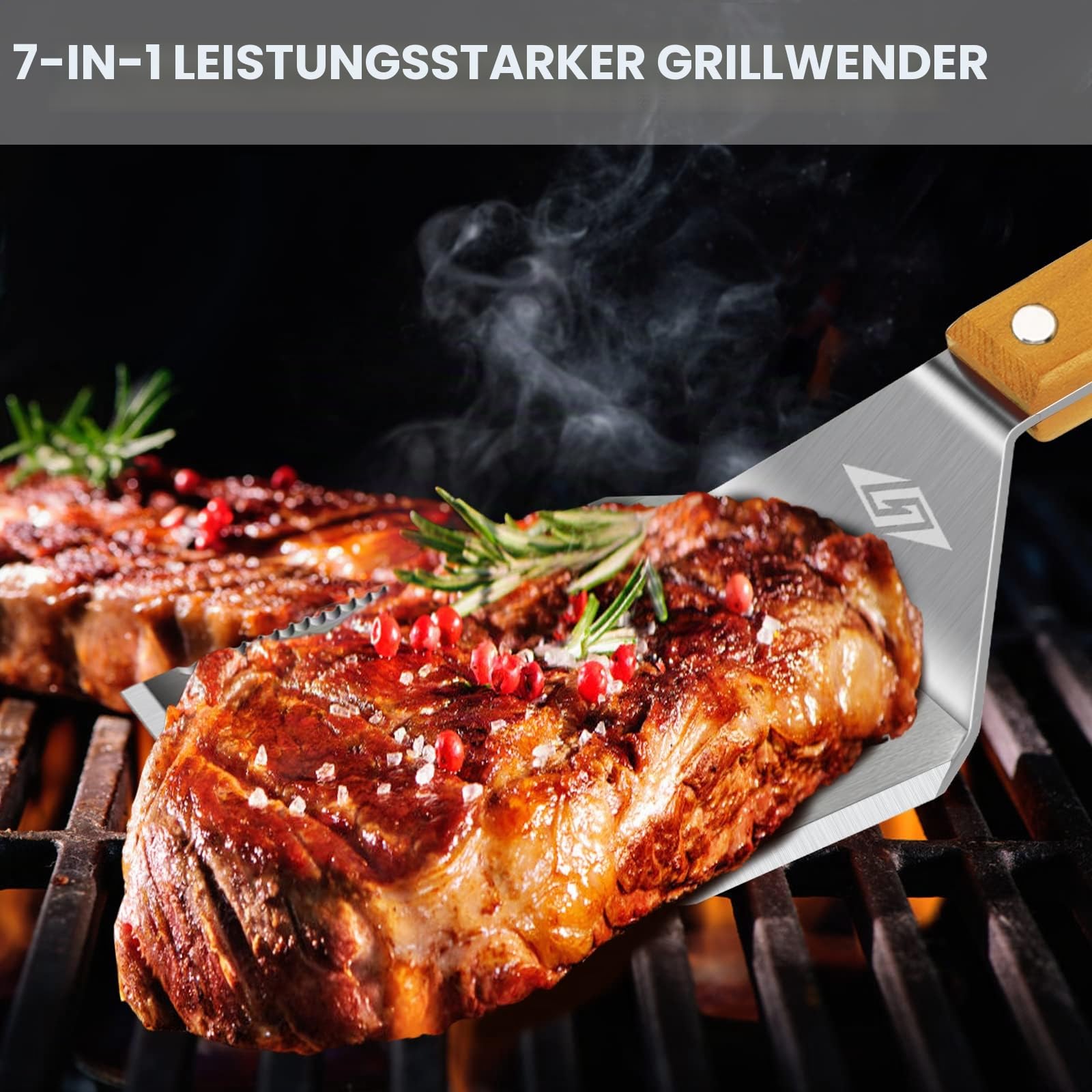 Steven-BULL S Grillbesteck-Set 3-TLG. Extra Langes Grillwerkzeug, Edelstahl Holzgriff, Grillzubehör mit Grillzange, Grillwender, Fleischgabel Extra-Langen Holzgriffen und Aufhänge-Ösen