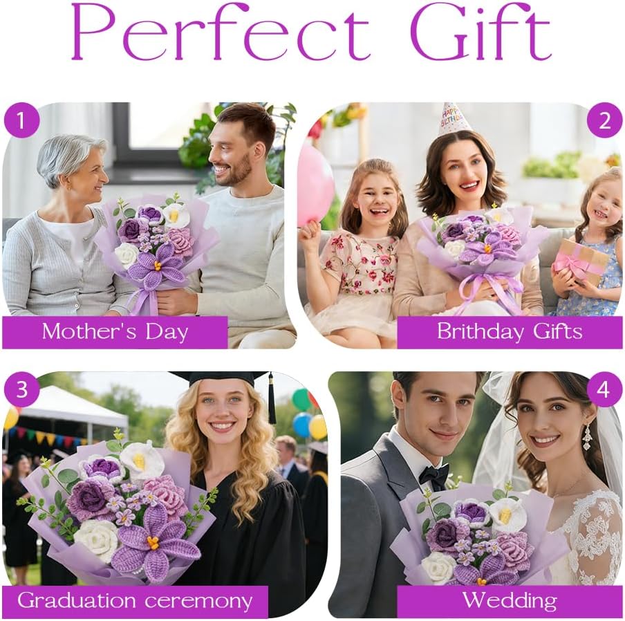 Crochet Flower Bouquet: Artificial Knitted Roses Tulips Forget Me Not Flowers for Home Office Decor (Purple)
