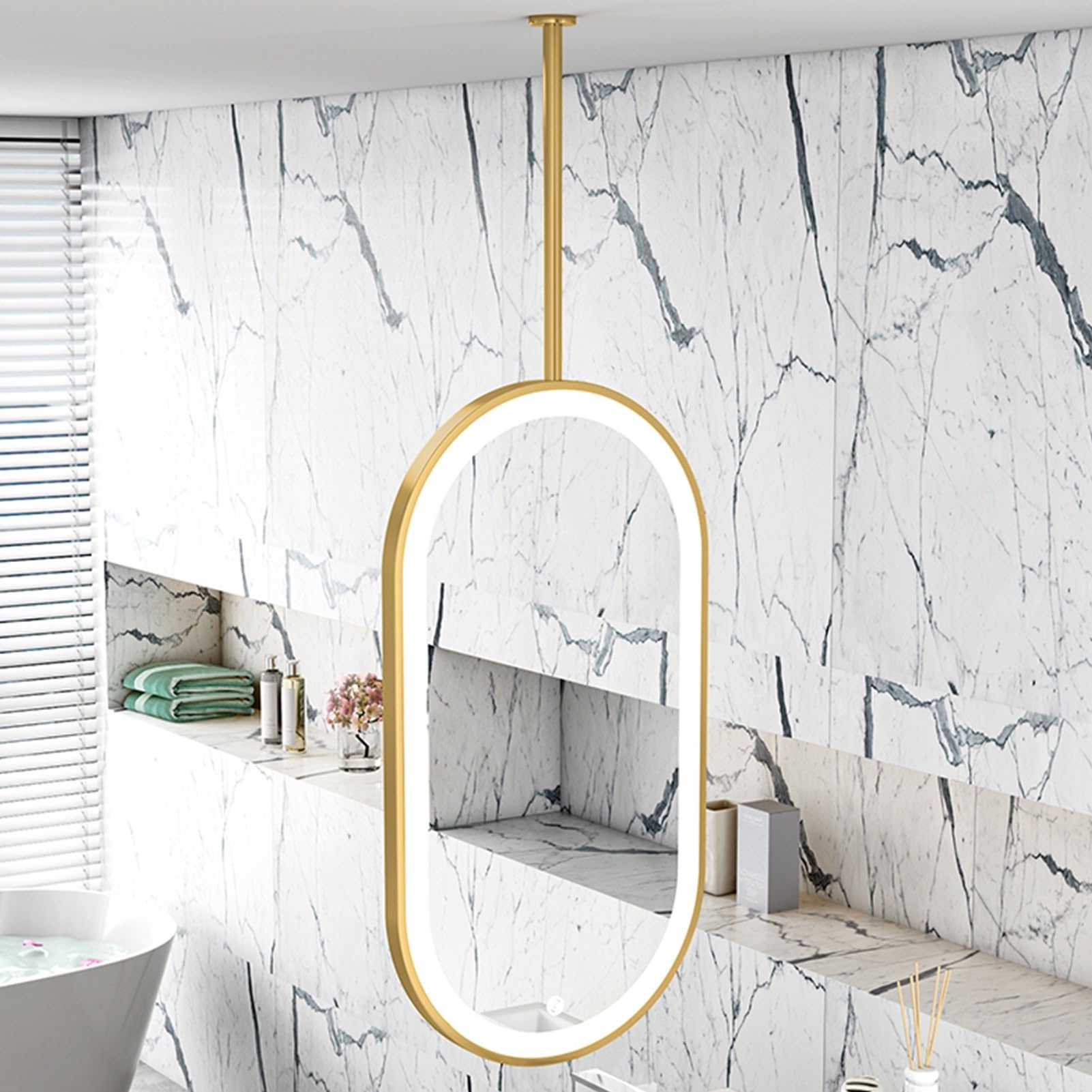 GLJTUO LED Mirror for Bathroom, Oval Adjustable Brightness Vanity with Lights, Modern Ceiling Hanging Rod Mirrors Hotel Bedroom Entrance Home Decor, Gold,size_name-60L x 50W cm