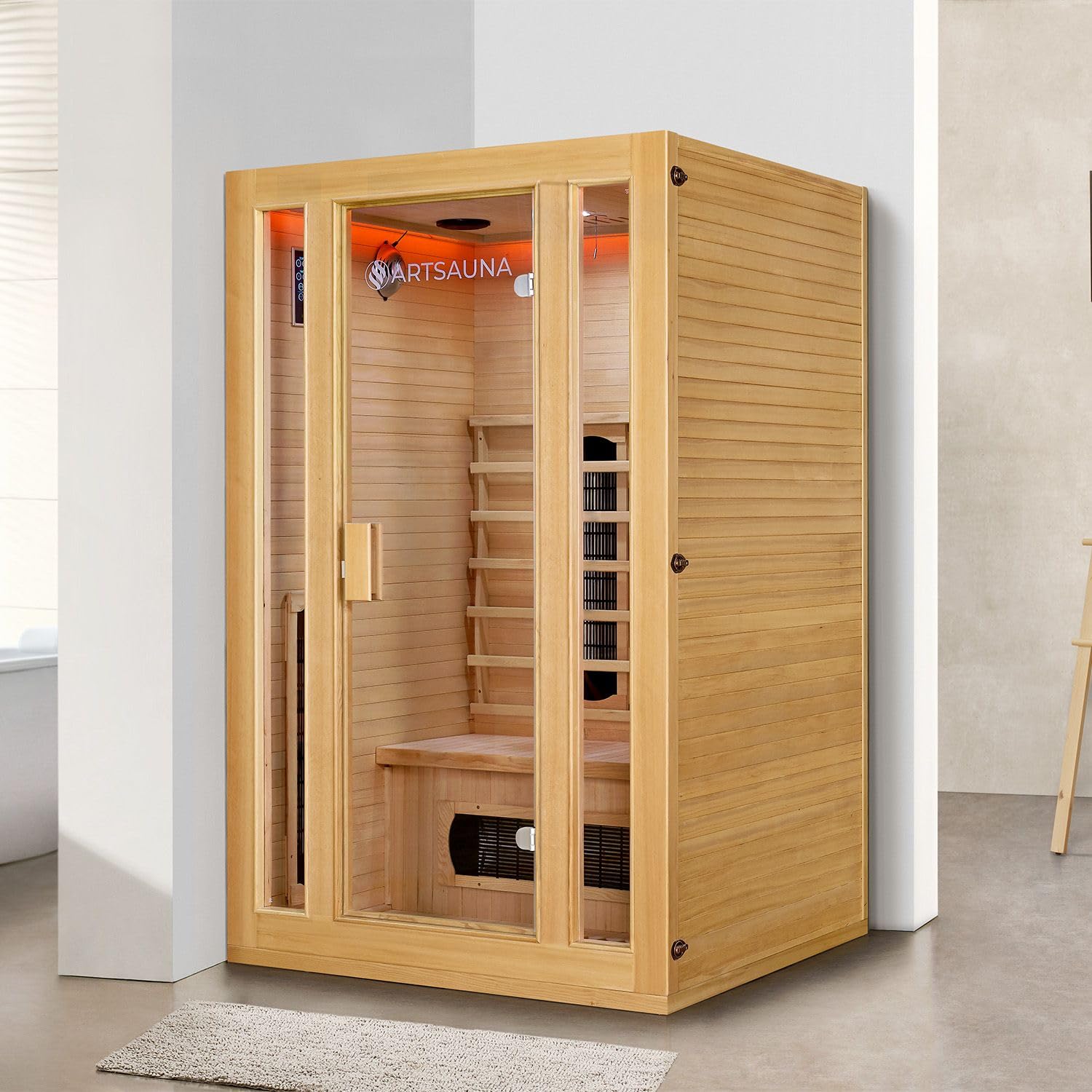 Artsauna Infrarotkabine Nyborg S120K Keramikstrahler & Hemlockholz, 2 Personen, 120 x 105 x 190 cm, LED Farblicht & Glastür, Infrarotsauna Sauna