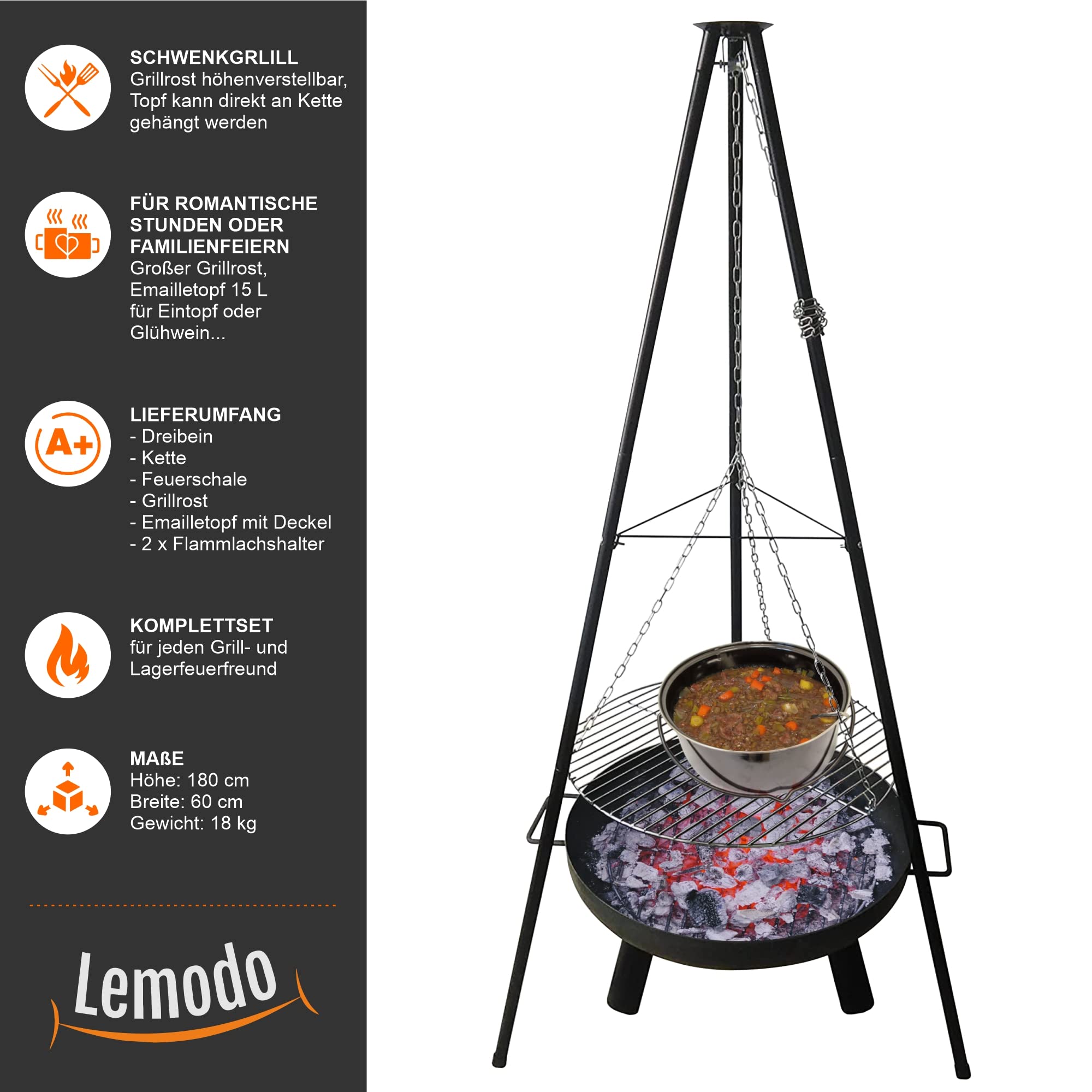 Lemodo Holzkohlegrill, Schwenkgrill mit Grillrost, Gulaschkessel und Lachsbretter, Feuerschale
