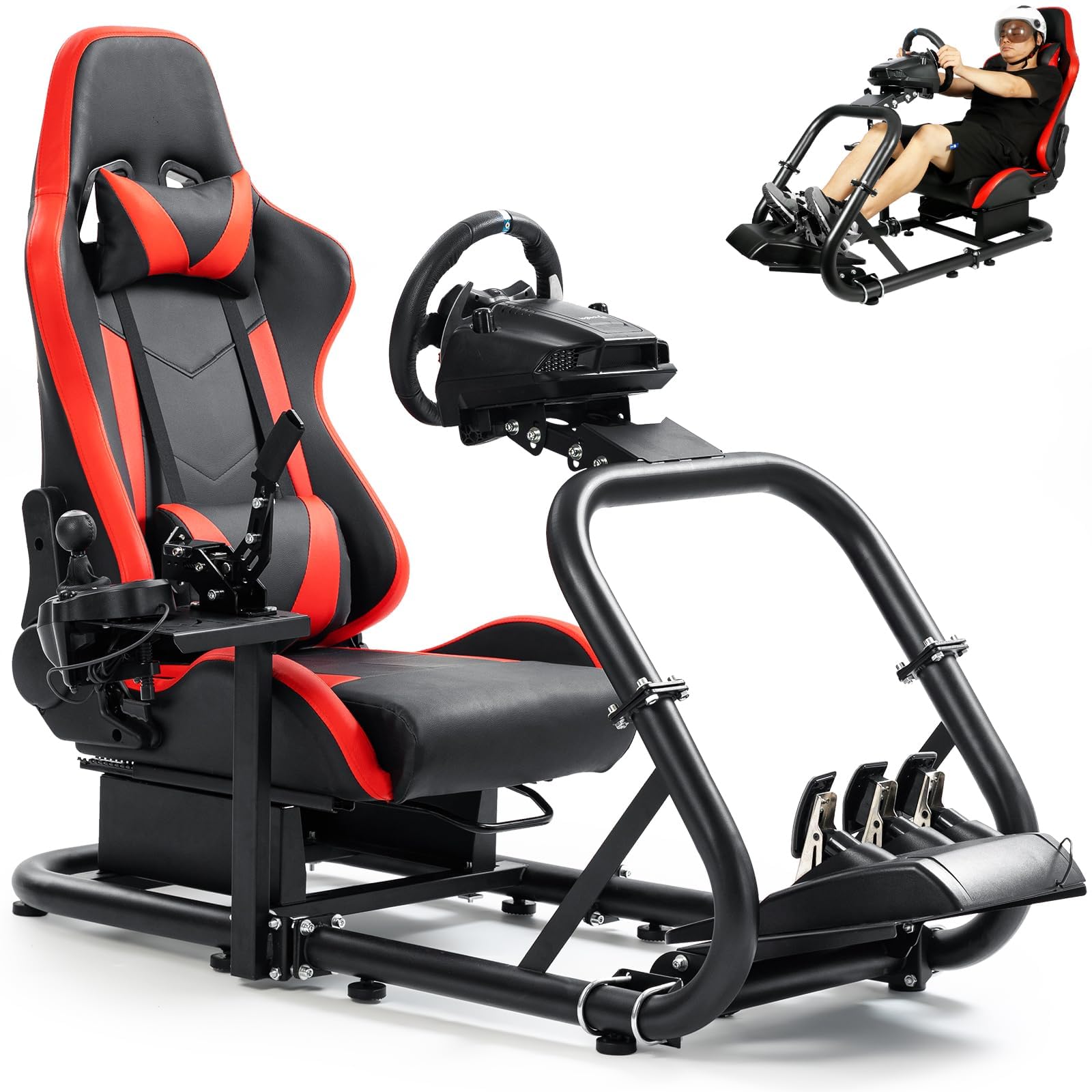 Marada Racing Sim Cockpit Stand with comfortable Seat Fit for Logitech/Fanatec/Thrustmaster G27 G923 G920,Large Round Tube&Adjustable Professional Driving Race Mount,Wheel Pedal Handbrake Not Included