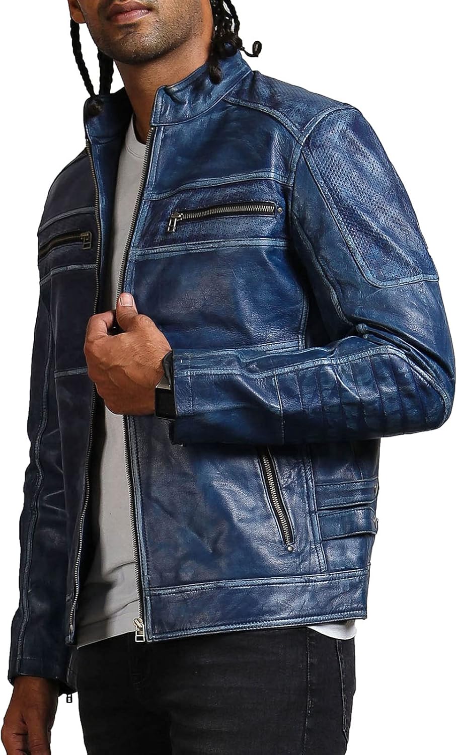 Blue Cafe Racer Leather Jacket - Men's Fashion Biker Jacket
