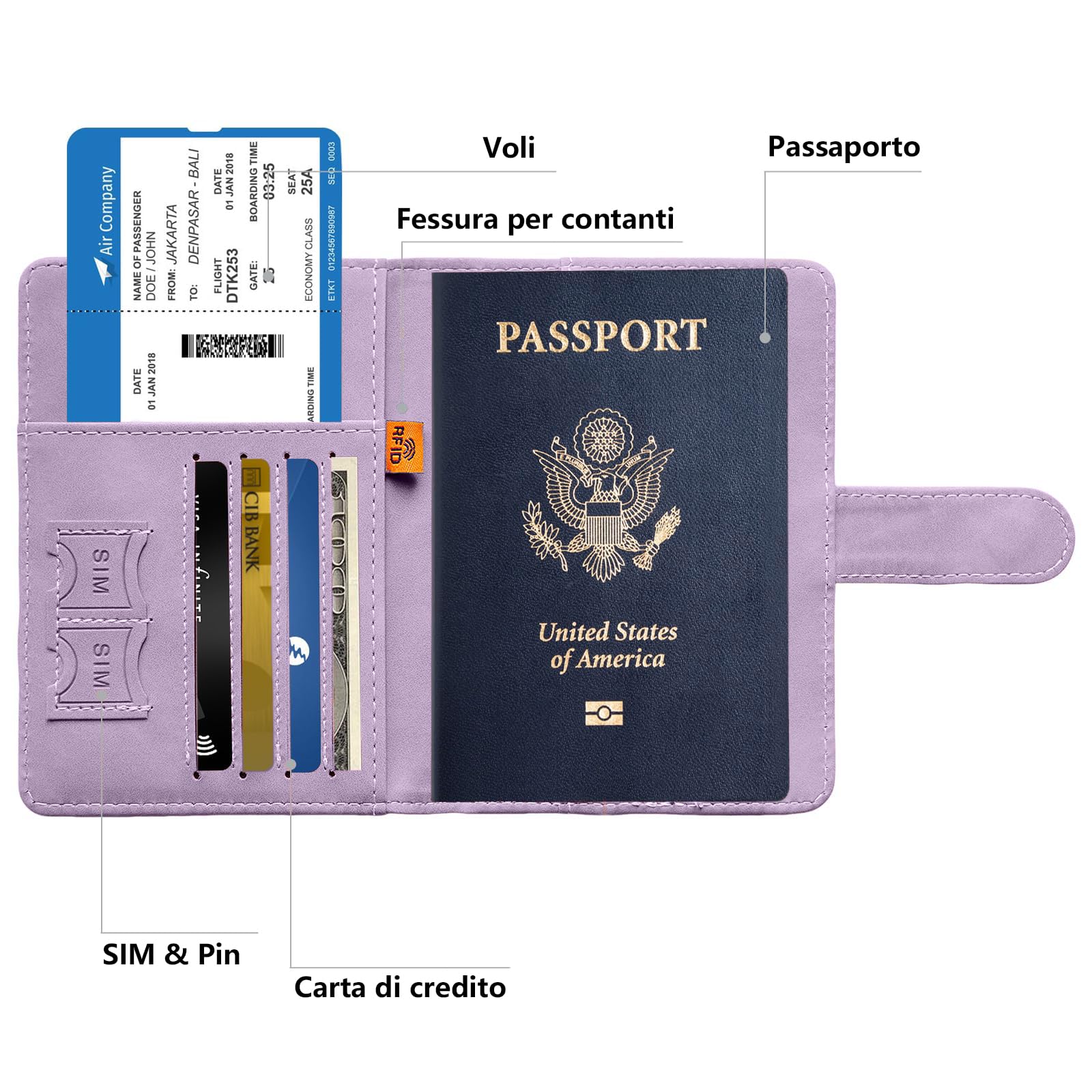 Toctax Porta Passaporto da Viaggio ed Etichette per Valigie Aereo, Custodia Passaporto Italiano, Portapassaporto da Viaggio Donna ed Uomo, Passport Holder (Viola)