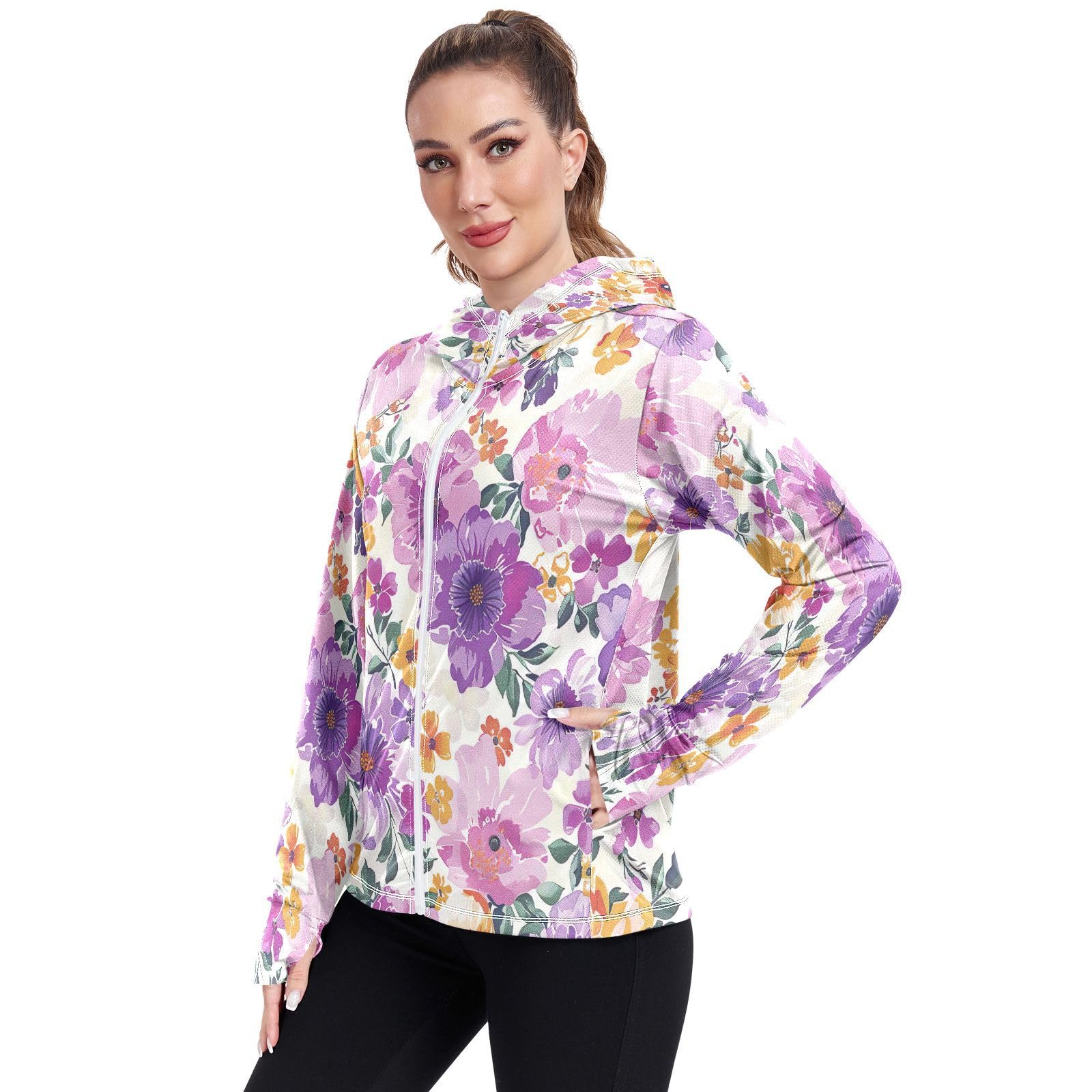 Kigai Flower Women's UPF 50+ Sun Protection Hoodie Jacket with Pocket Zip Long Sleeve Sun Shirt for Gardening Hiking Outdoor