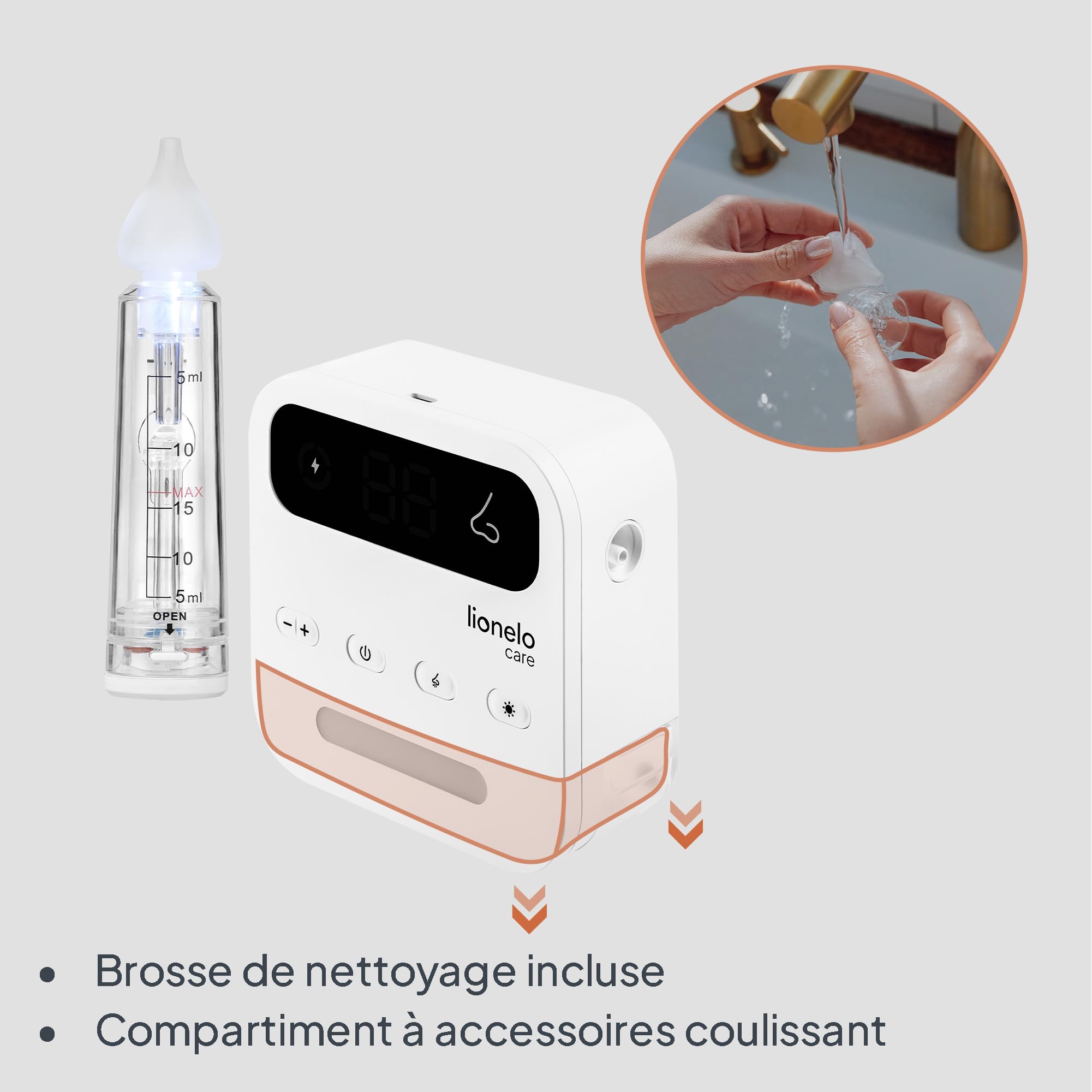 LIONELO BabyAir Flow Aspirateur Nasal Électrique Bébé Sans Fil | 9 Niveaux D’Aspiration | Débit 7,5 L/Min | 3 Embouts Silicone + 6 Filtres | Lumière Nocturne | Autonomie 2,5 H | Recharge USB-C
