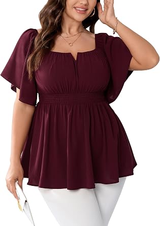 SCOMCHIC Womens Plus Size Peplum Tops Off The Shoulder Blouses Smocked Ruffle Babydoll Summer Top