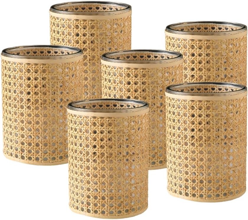 Serene Spaces Living Rattan Cane Glass Hurricane, Boho, Rattan & Minimalist Styling, Table, Shelf, Console, Fireplace, Dining Table Decor, 6.75" Diameter & 7.9" Tall, Pack of 6