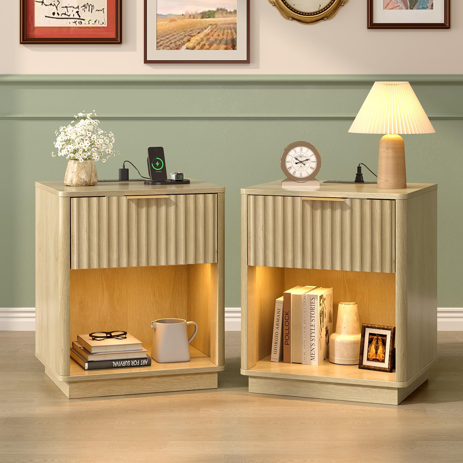 Bonnlo Bedside Table with USB, Smart Nightstand with LED Lights & Charging Station, 48 x 38 x 57 cm, Side Table for Living Room, Bedroom, Office (Oak,2pcs)