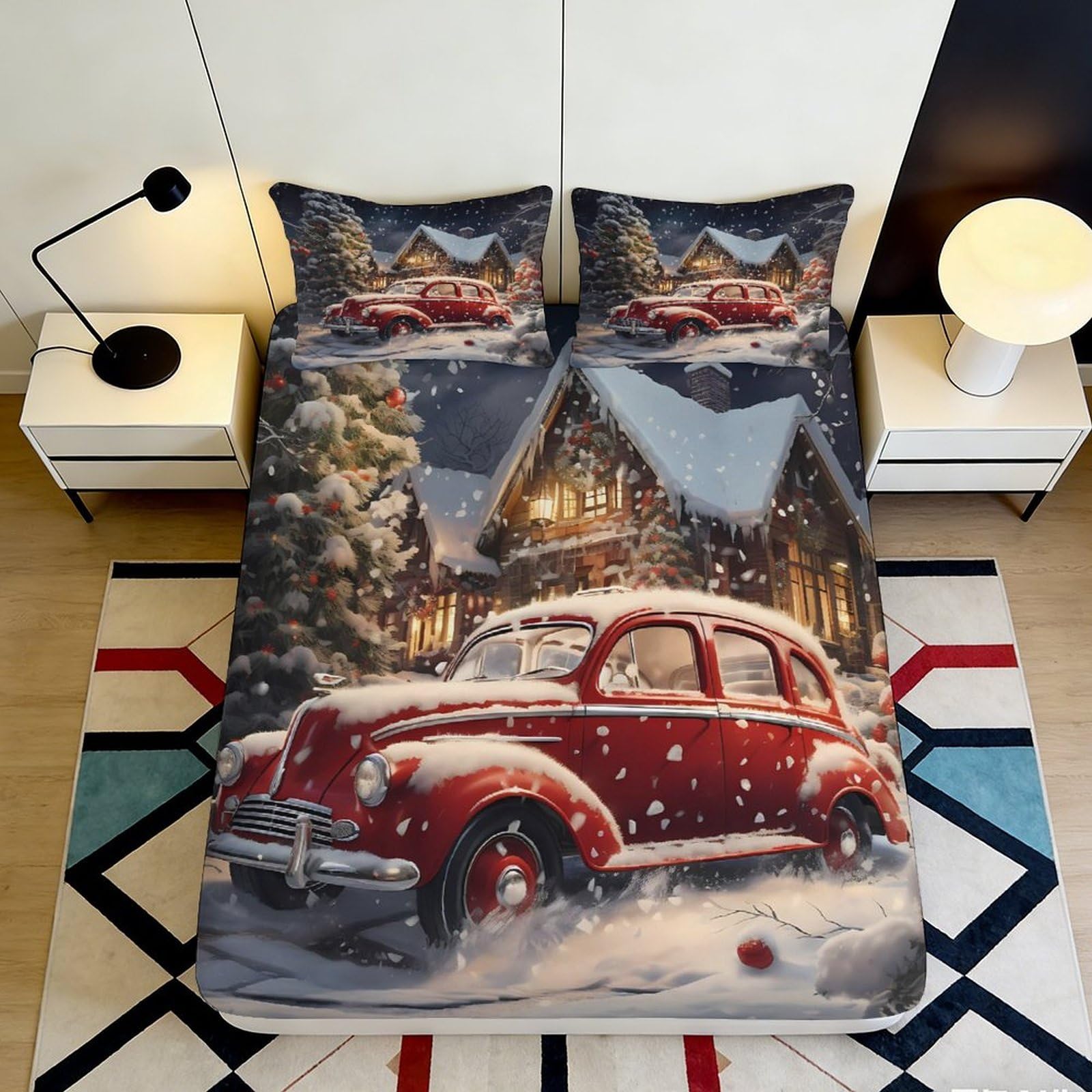 3D Printed Vintage Red Car Snowy Cabin Fitted Sheet Microfiber Soft Mattress Cover Bedroom Decor 120x200cm 180x200x25cm