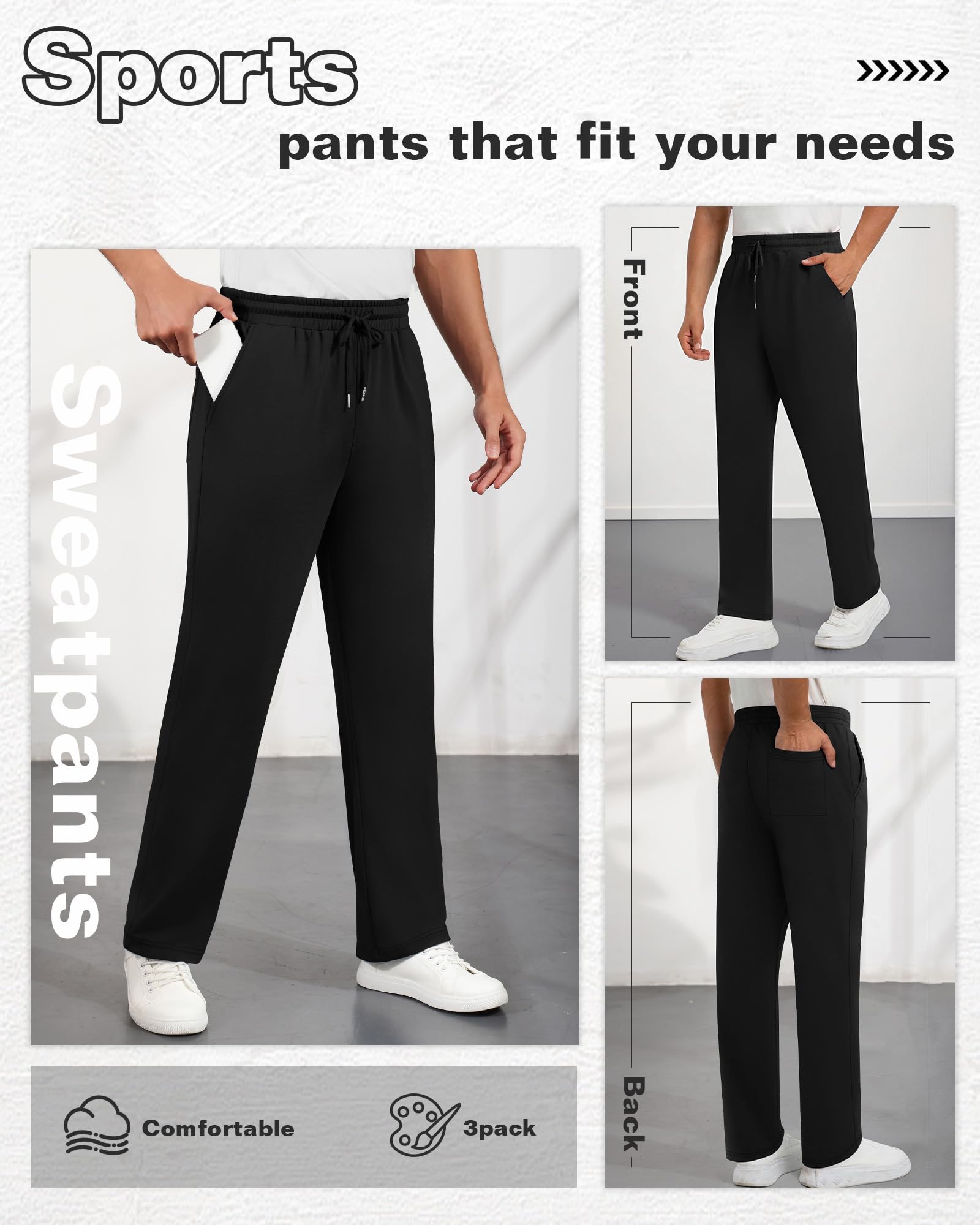 Neer Paquete de 3 Pantalones de chándal Holgados y Ligeros para Hombre, con bajo Abierto, cordón Ajustable y 3 Bolsillos.