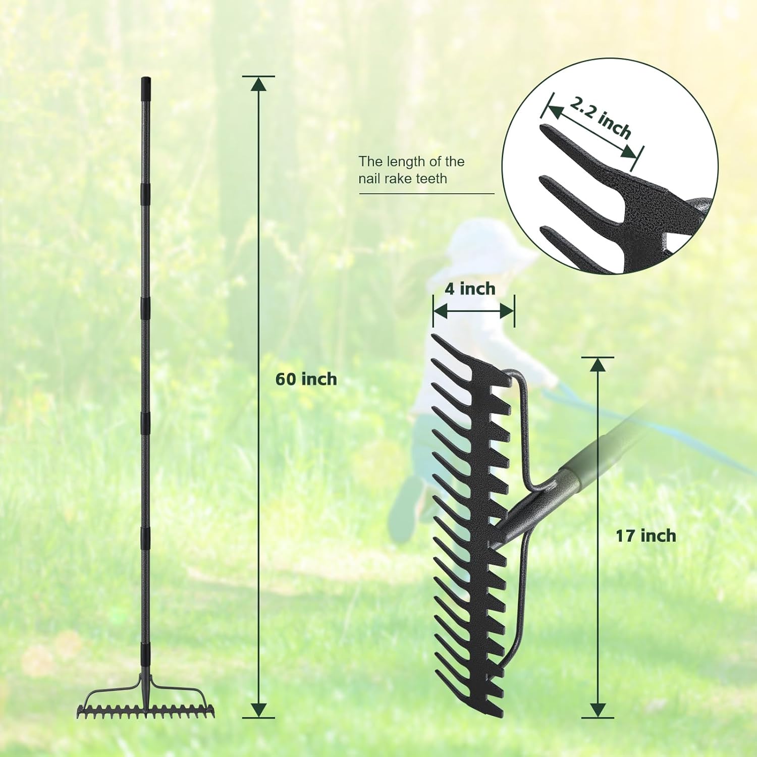 77'' Bow Rake Heavy Duty Garden Rake with Stainless Steel Handle,Tines Metal Head Rake Tool for Loosening Soil Gathering Leaf Leveling Lawn Farming Land Management Yarn Thatch Rake