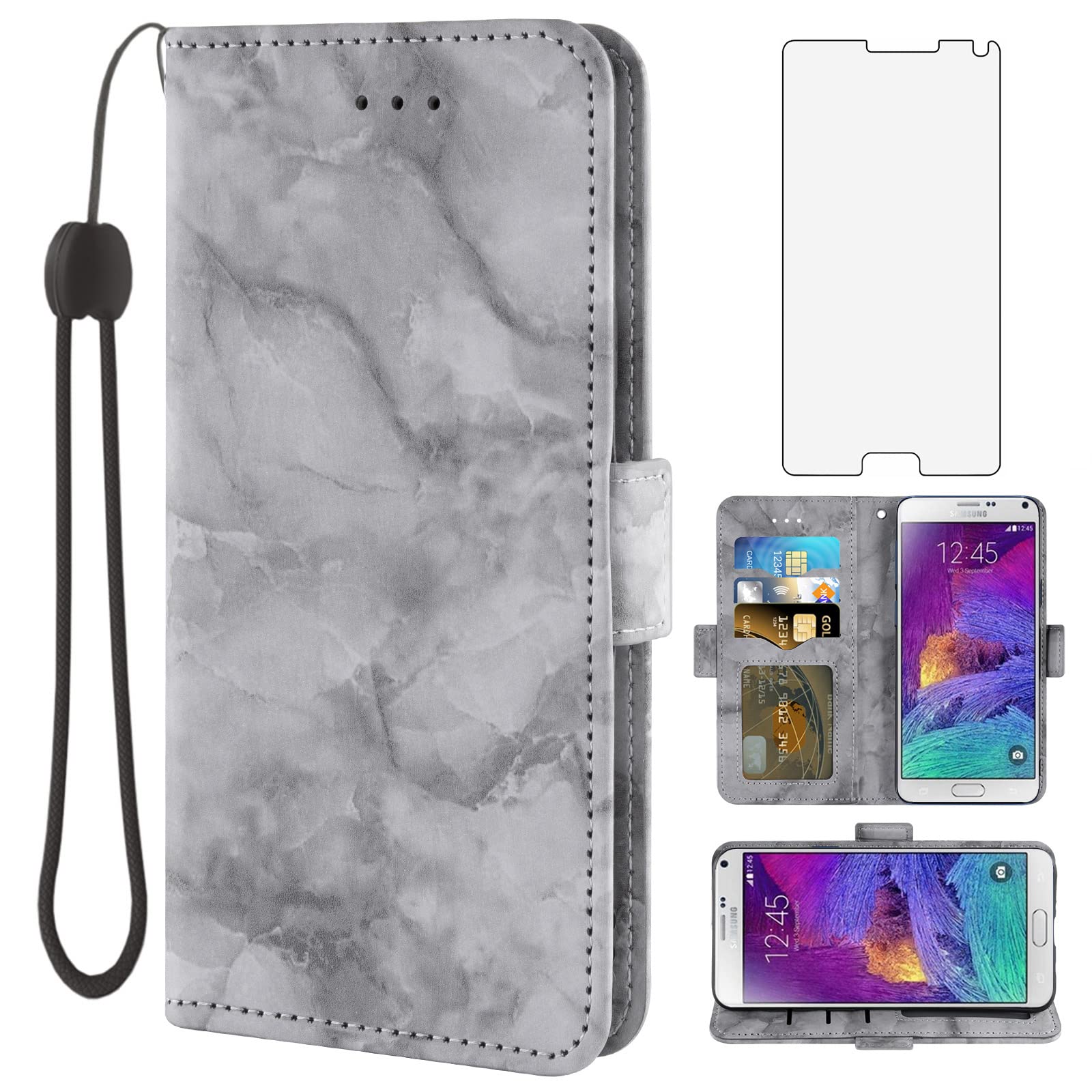 Asuwish Compatible with Samsung Galaxy Note 4 Case and Tempered Glass Screen Protector Cover Accessories Card Holder Slot Kickstand Marble Wallet Phone Cases for Glaxay Note4 N910A Not Notes Black