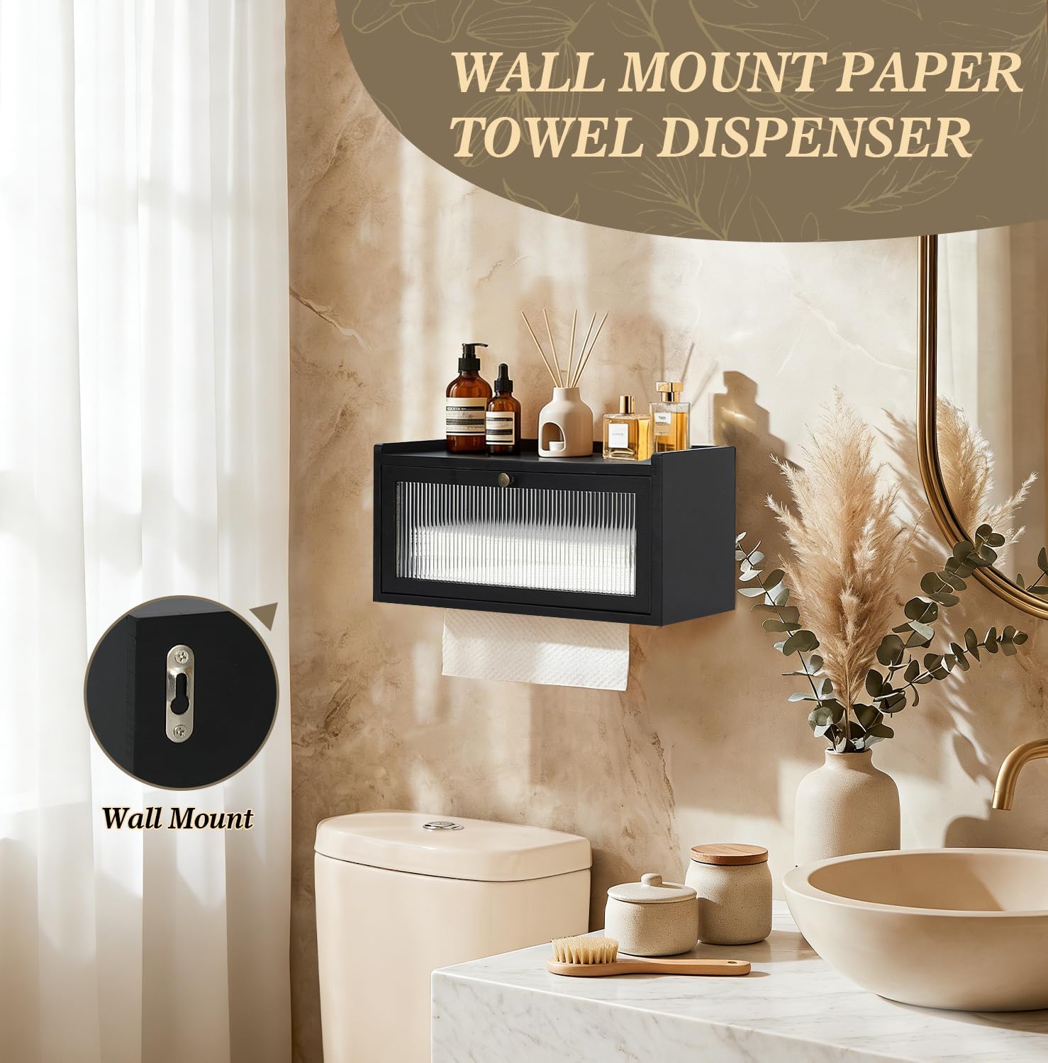 Wall Mount Paper Towel Holder, Wooden Paper Towel Dispenser for C-Fold Z-Fold Trifold Towel, Black Bathroom Paper Towel Holder with Acrylic Window & Top Shelf, Vintage Farmhouse Kitchen Bathroom Decor image 3