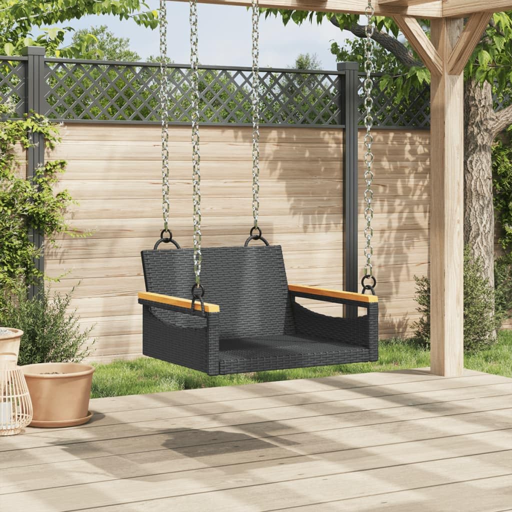 Banco Columpio de Ratán Sintético Negro 63x62x40 cm para Exterior, Mueble Colgante con Función de Balanceo y Anillos de Fijación, Estructura Robusta de Acero, Incluye 1