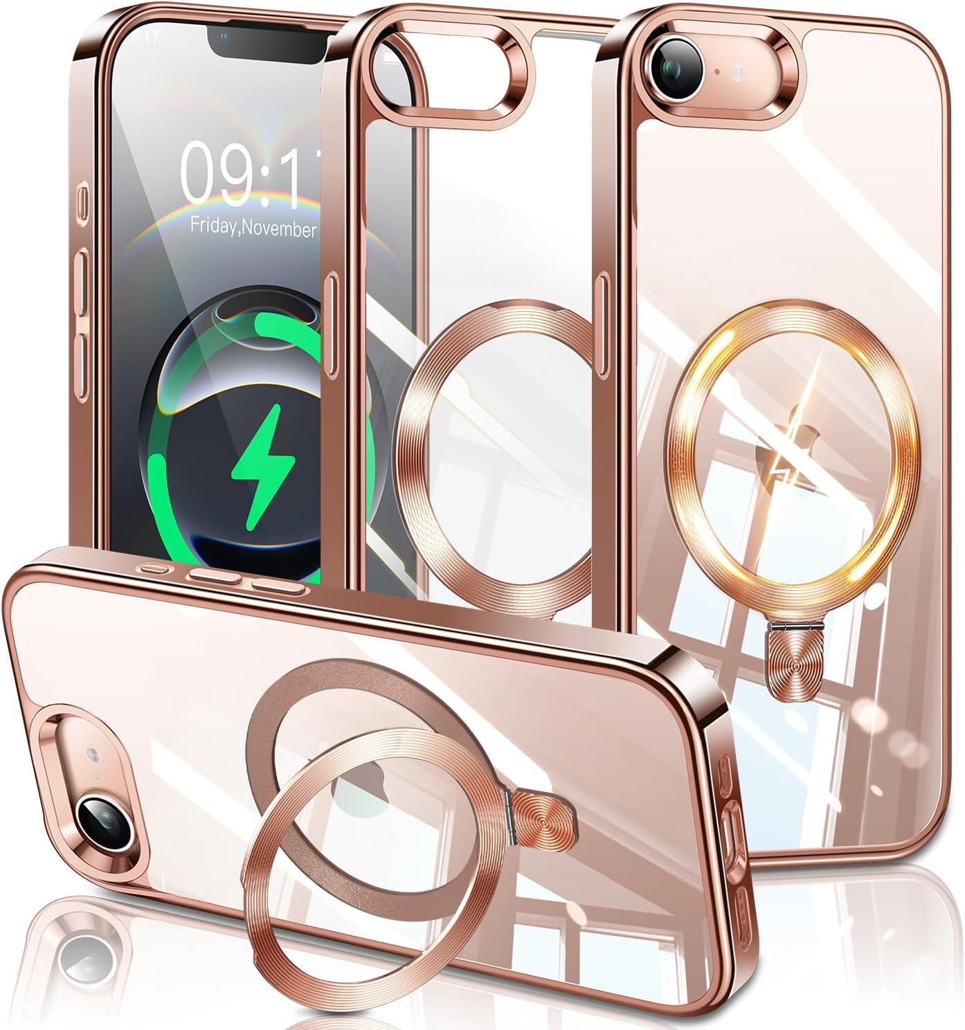 ESTPEAK Desert Titanium CD Mag-Stand Case for iPhone 16e Case with Invisible Magnetic Ring, [Fit for MagSafe] [Never Yellowing] Top Clear Phone Case Cover for iPhone 16e 6.1" Men Women, Rose Gold