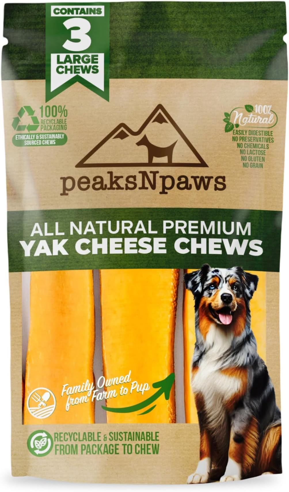 peaksNpaws Yak Cheese Himalayan Dog Chews, High Protein, Natural Dog Treats Large Breed, Lactose Free Chew Sticks for Aggressive Chewers, Long Lasting Pet Treat for Dogs Under 55 lbs, 3 Large Chews