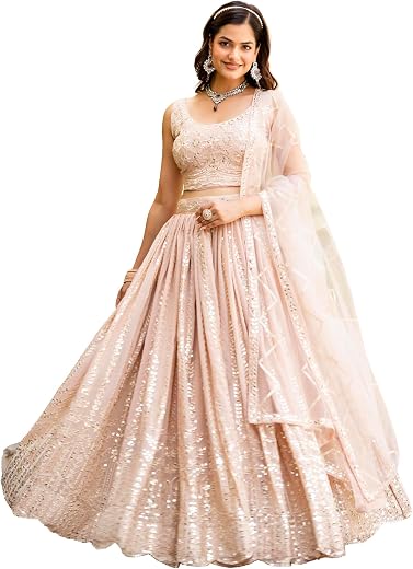 JIHU CULTURE Peach Georgette Zari Sequence Embroidery Work Semi Sttiched Lehenga Choli