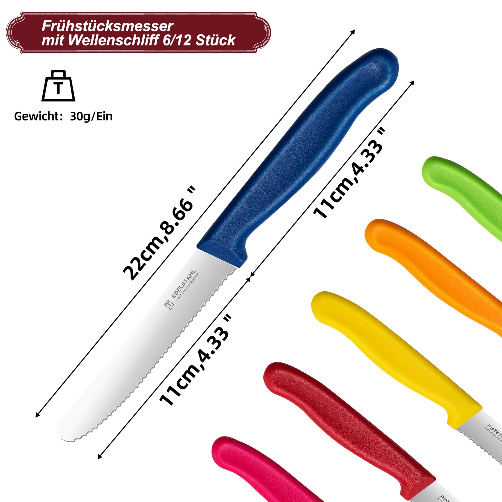 targzier Brötchenmesser 6 Stück,Edelstahl Tafelmesser,11cm Klinge Messer – Ansicht 2
